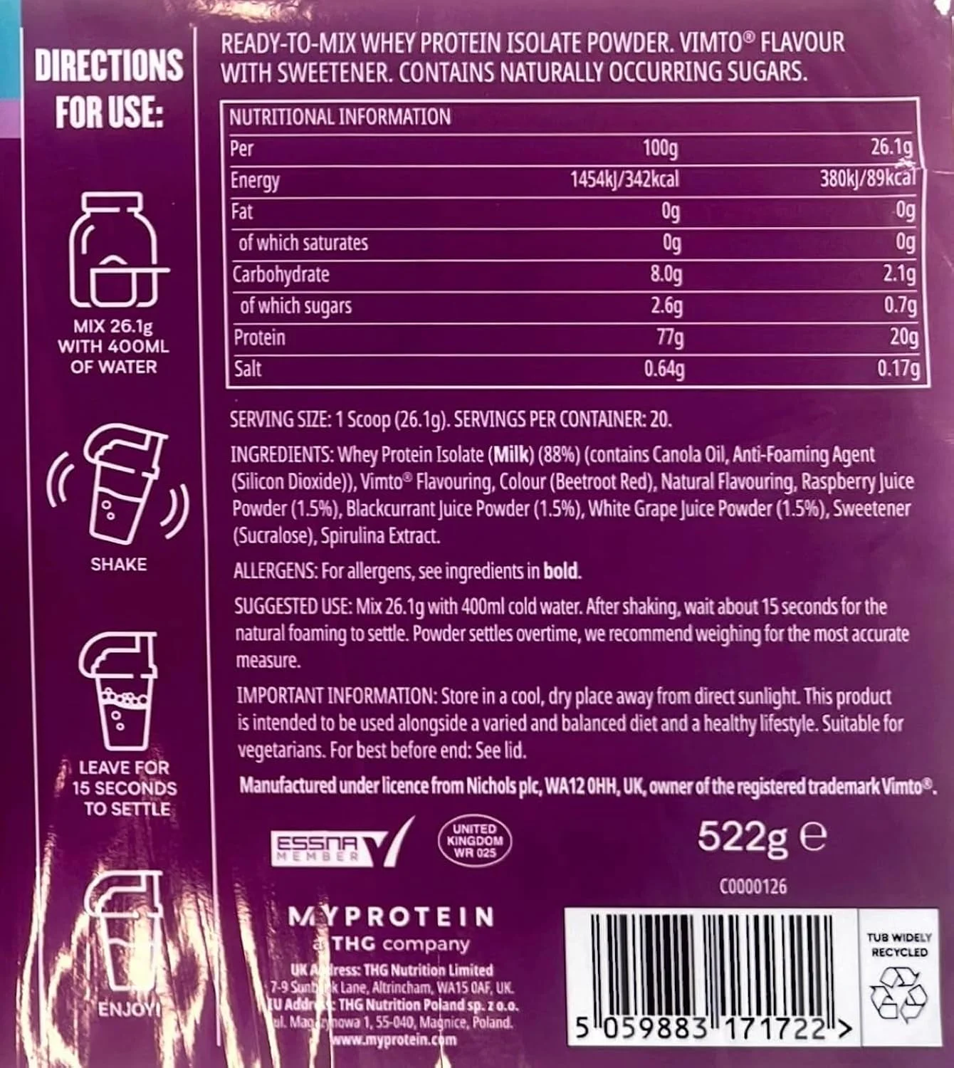 پودر پروتئین وی ایزوله شفاف Myprotein - Vimto - 500 گرم - 20 سروینگ - جایگزین شیک پروتئین وی خنک و با طراوت - 20 گرم پروتئین و 4 گرم BCAA در هر سروینگ