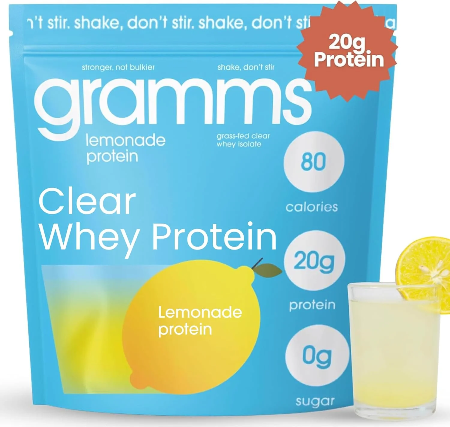 پودر پروتئین شفاف GRAMMS، 20 گرم پروتئین برای زنان و مردان | وی ایزوله تغذیه شده با علف، بدون شکر، بدون لاکتوز، بدون نفخ، غیر GMO (18 سروینگ) (لیموناد)