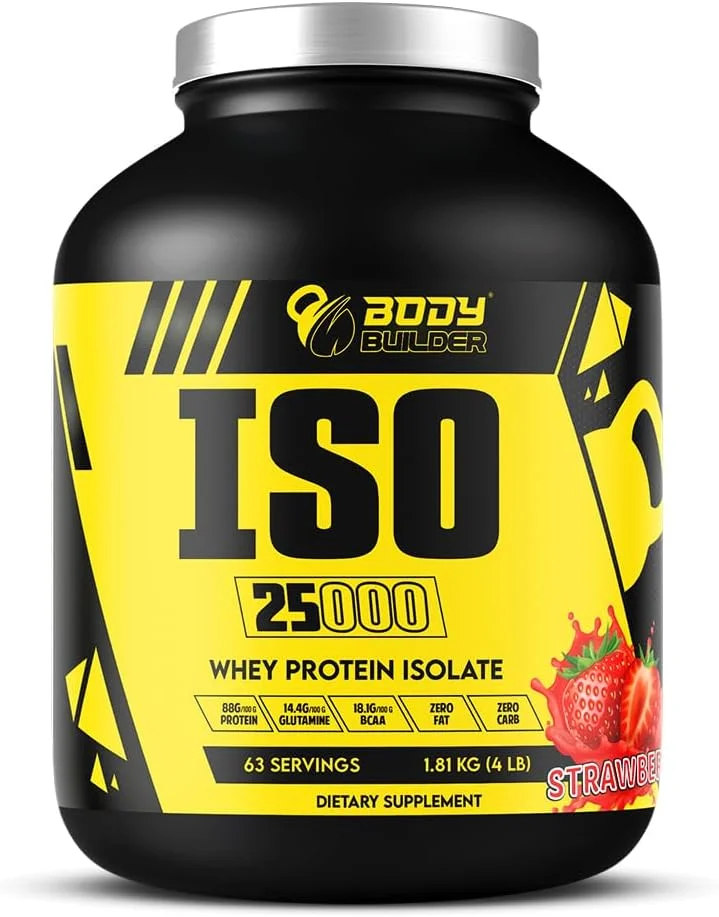 پودر پروتئین وی ایزوله Body Builder ISO 25000 (4 پوند) - 88% پروتئین - بدون شکر، کربوهیدرات و چربی - حاوی 18% BCAA و 14% گلوتامین - (توت فرنگی، 4 پوند)