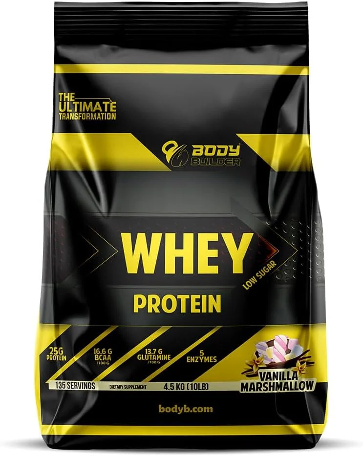 پروتئین وی 100% Body Builder - 25 گرم پروتئین، BCAAs، گلوتامین، آنزیم های گوارشی برای رشد عضلات و استقامت، مناسب برای گیاهخواران و رژیم کتو (4.5 کیلوگرم، مارشمالو وانیلی)