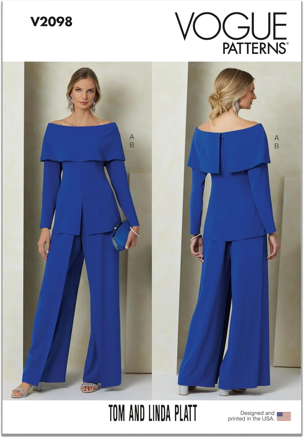 الگوی خیاطی تاپ آف شولدر و شلوار پا گشاد کشی زنانه مک کالز، طراحی تام و لیندا پلات، کد طراحی V2098، سایز 18-20-22-24-26، چند رنگ