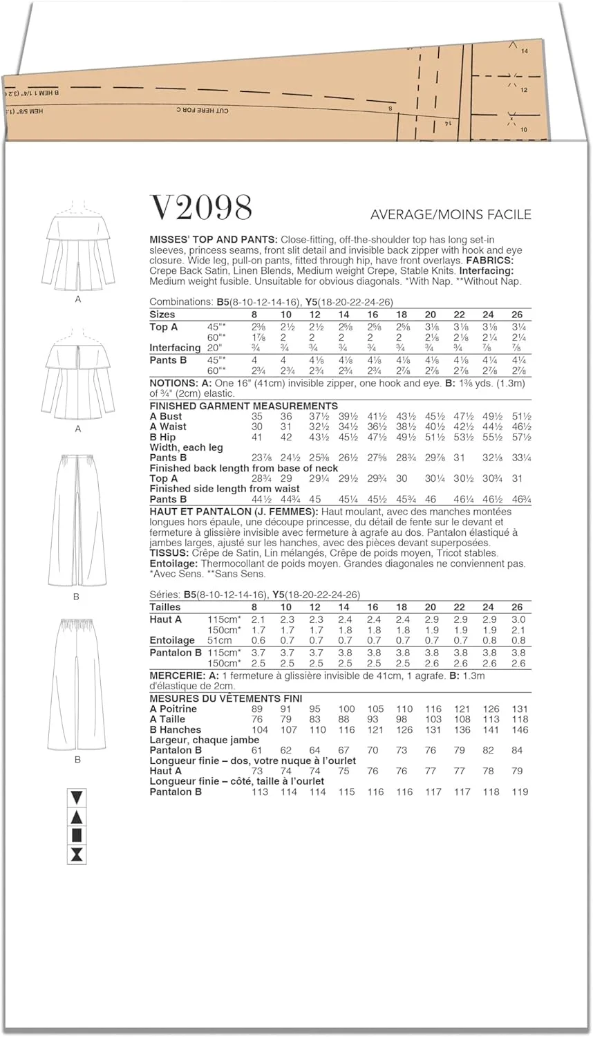 الگوی خیاطی تاپ آف شولدر و شلوار پا گشاد کشی زنانه مک کالز، طراحی تام و لیندا پلات، کد طراحی V2098، سایز 18-20-22-24-26، چند رنگ الگوی خیاطی تاپ آف شولدر و شلوار پا گشاد کشی زنانه مک کالز، طراحی تام و لیندا پلات، کد طراحی V2098، سایز 18-20-22-24-26، چند رنگ