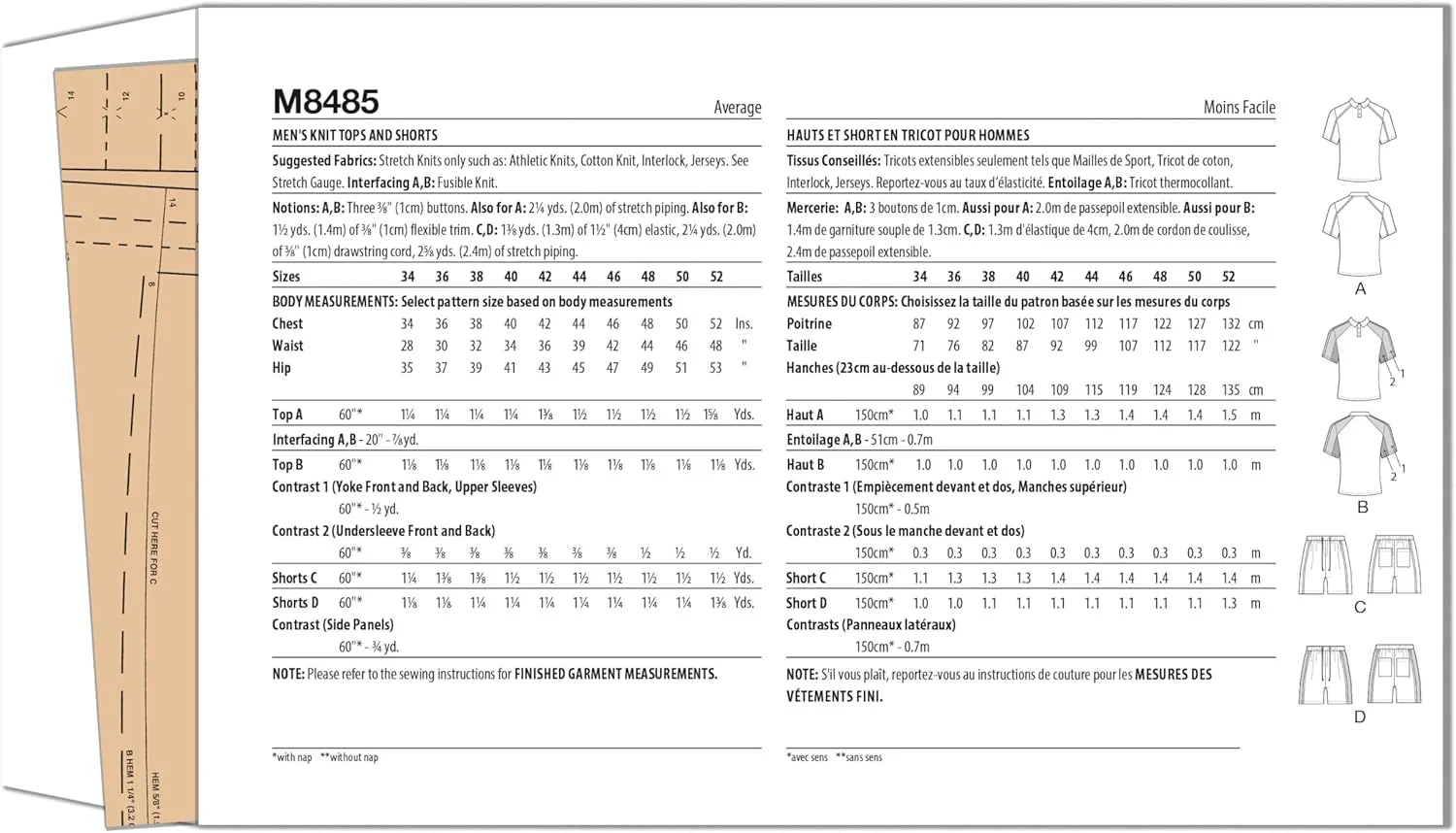 الگوی خیاطی مردانه مک کال مدل M8485AA، تاپ و شورت بافتنی، سایز AA (34-36-38-40-42)