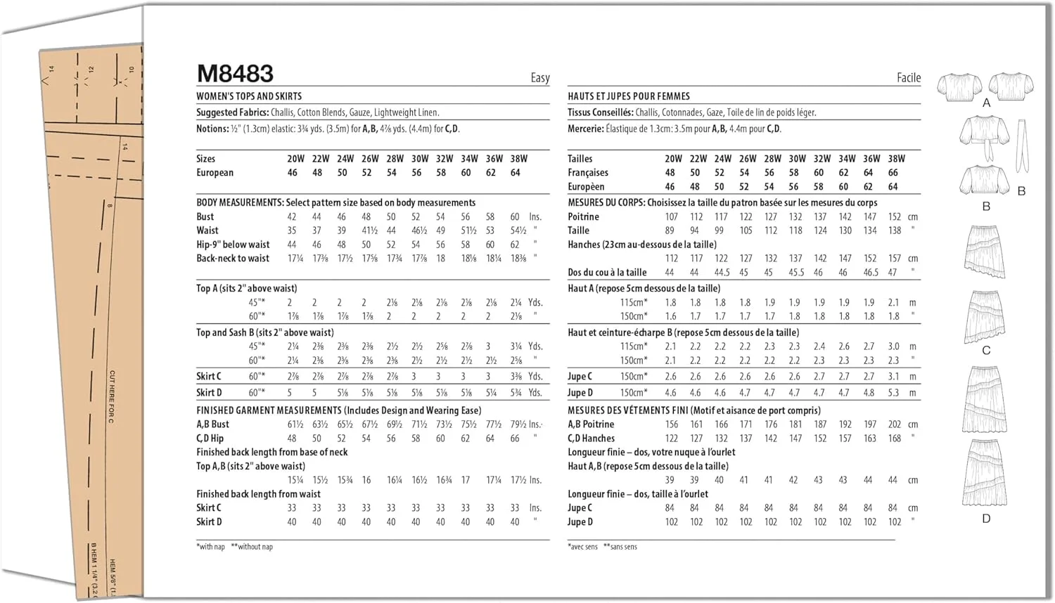 الگوی خیاطی زنانه مک کال M8483W3، تاپ و دامن سایز W3 (30W-32W-34W-36W-38W)