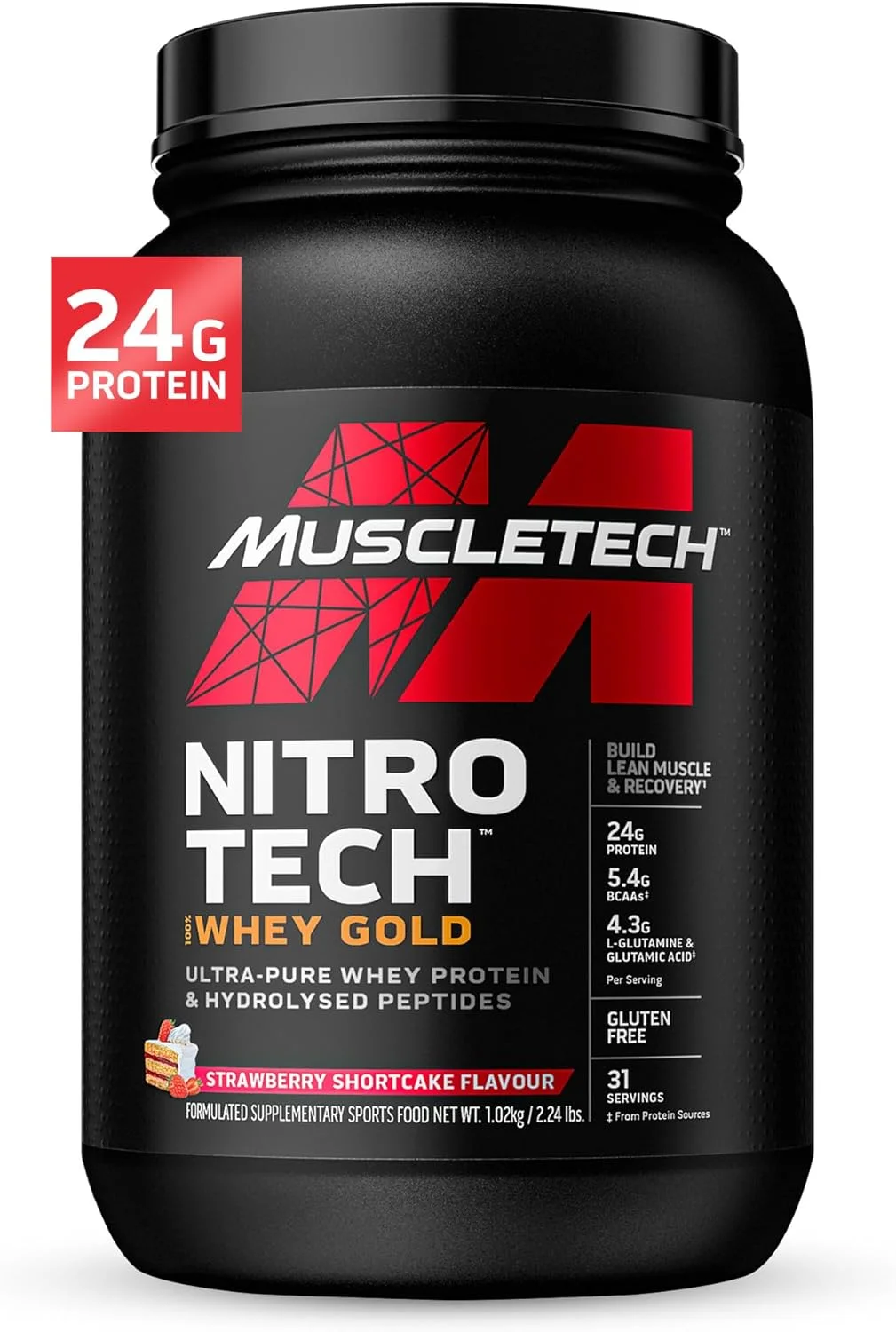 Muscletech Nitro Tech Whey Gold با پپتیدها و ایزوله منبع اصلی پشتیبانی از ریکاوری بدون گلوتن - 24 گرم پروتئین، 5.4 گرم BCAA و 4 گرم گلوتامین و پیش ساز، شورت کیک توت فرنگی، 2.00 پوند