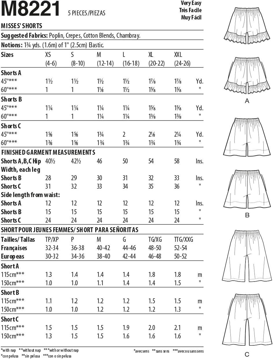 الگوی خیاطی مک کال M8221ZZ ZZ (L-XL-XXL) شورت زنانه، چند رنگ