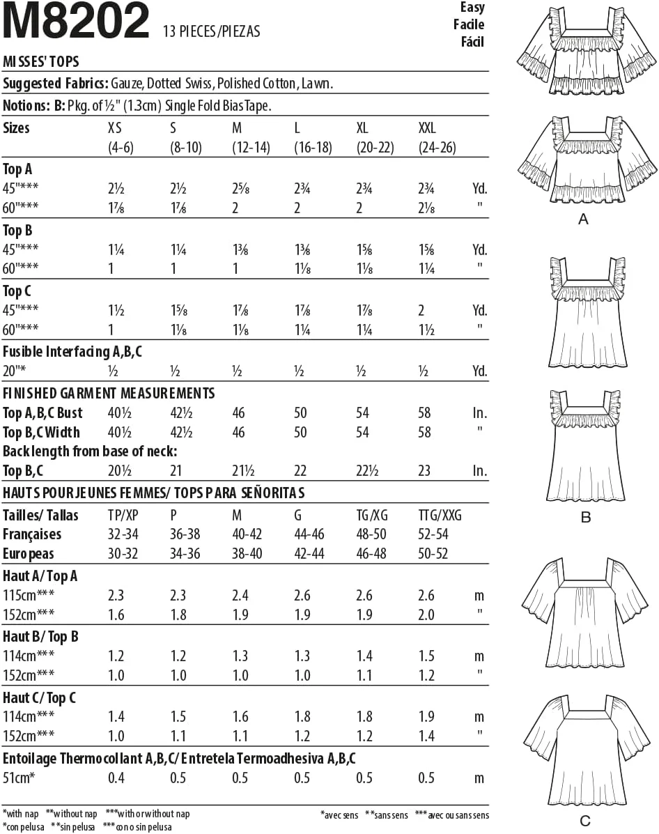 الگوی خیاطی McCall's M8202Y Y (XS-S-M) تاپ زنانه، چند رنگ