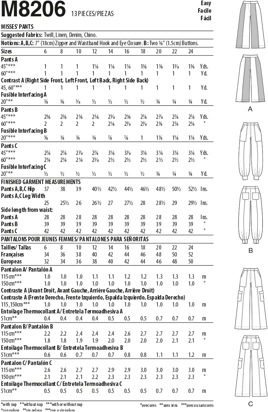الگوی خیاطی مک کال M8206A5 A5 (6-8-10-12-14) شلوار زنانه، چند رنگ