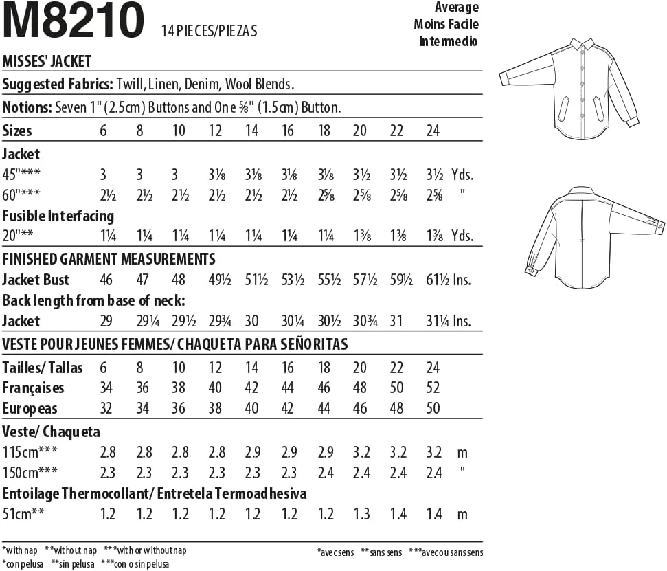 الگوی خیاطی مک کال M8210A5 A5 (6-8-10-12-14) ژاکت زنانه، چند رنگ