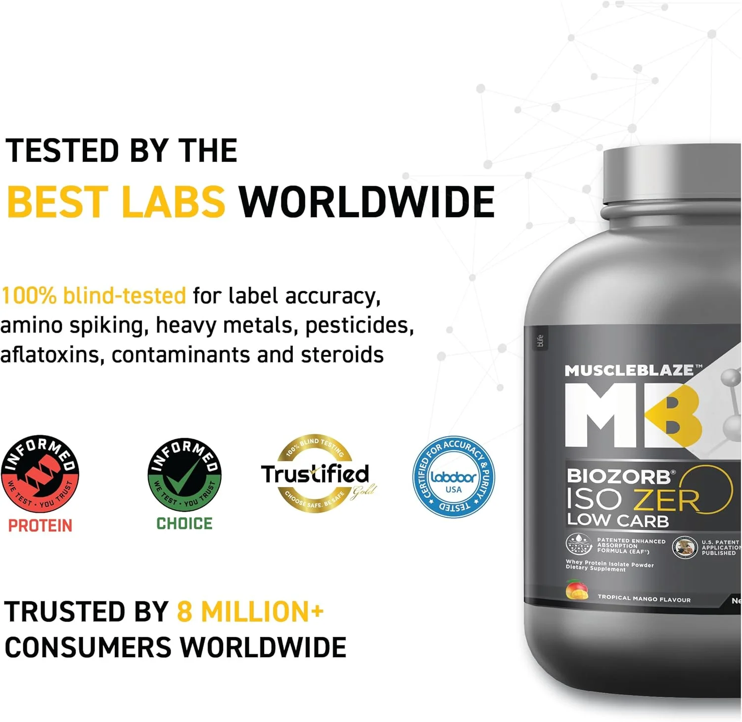 MuscleBlaze Biozorb Iso-Zero، کم کربوهیدرات (انبه استوایی، 5 پوند / 2.27 کیلوگرم) | 27 گرم پروتئین وی ایزوله خالص در هر پیمانه MuscleBlaze Biozorb Iso-Zero، کم کربوهیدرات (انبه استوایی، 5 پوند / 2.27 کیلوگرم) | 27 گرم پروتئین وی ایزوله خالص در هر پیمانه