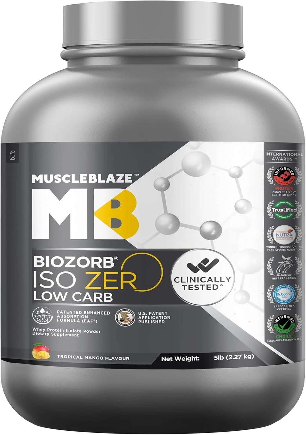 MuscleBlaze Biozorb Iso-Zero، کم کربوهیدرات (انبه گرمسیری، 5 پوند / 2.27 کیلوگرم) | 27 گرم پروتئین وی ایزوله خالص در هر پیمانه