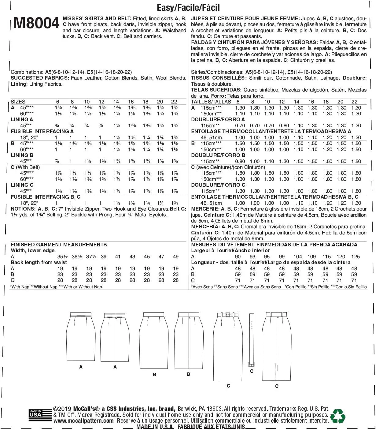 الگوی خیاطی مک کال - M8004E5 - دامن و کمربند زنانه، کاغذی، سفید، متنوع