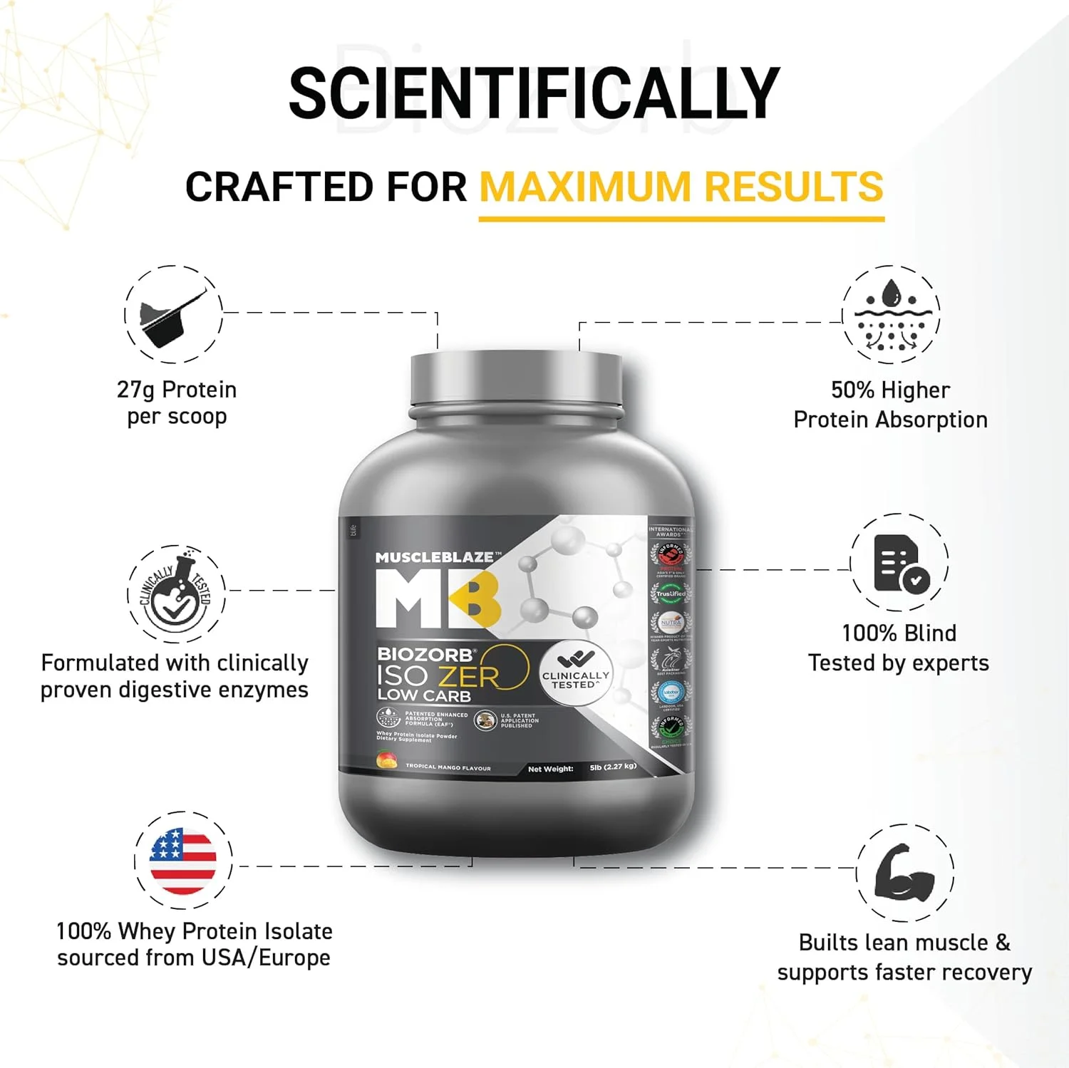 MuscleBlaze Biozorb Iso-Zero، کم کربوهیدرات (انبه گرمسیری، 5 پوند / 2.27 کیلوگرم) | 27 گرم پروتئین وی ایزوله خالص در هر پیمانه MuscleBlaze Biozorb Iso-Zero، کم کربوهیدرات (انبه گرمسیری، 5 پوند / 2.27 کیلوگرم) | 27 گرم پروتئین وی ایزوله خالص در هر پیمانه