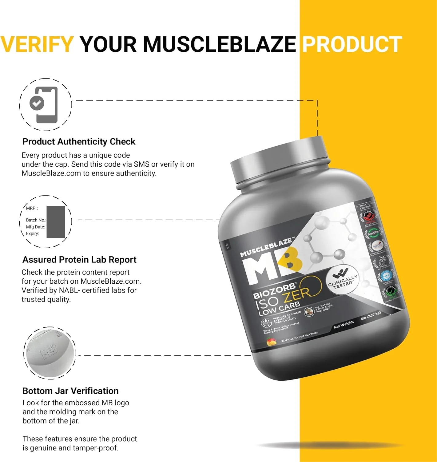MuscleBlaze Biozorb Iso-Zero، کم کربوهیدرات (انبه گرمسیری، 5 پوند / 2.27 کیلوگرم) | 27 گرم پروتئین وی ایزوله خالص در هر پیمانه MuscleBlaze Biozorb Iso-Zero، کم کربوهیدرات (انبه گرمسیری، 5 پوند / 2.27 کیلوگرم) | 27 گرم پروتئین وی ایزوله خالص در هر پیمانه