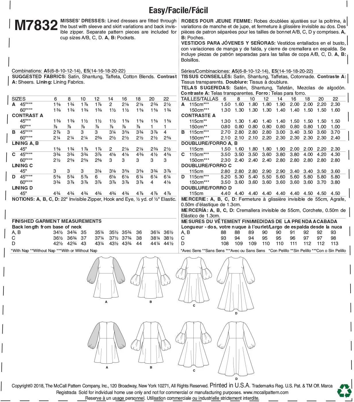 الگوهای خیاطی مک کالز، الگوی دوخت لباس آستین پفی و کلوش زنانه مک کالز، سایزهای 6-14