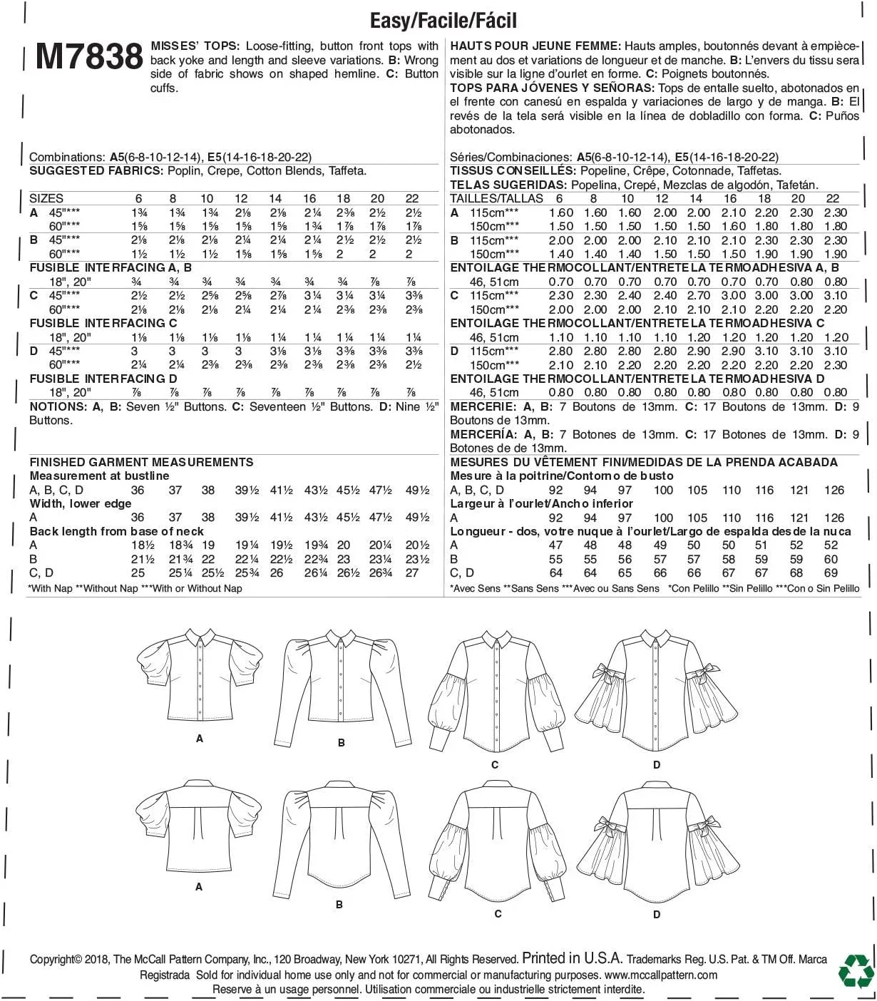 الگوهای مک کال پیراهن دکمه دار گشاد زنانه مک کال، سایزهای 14-22