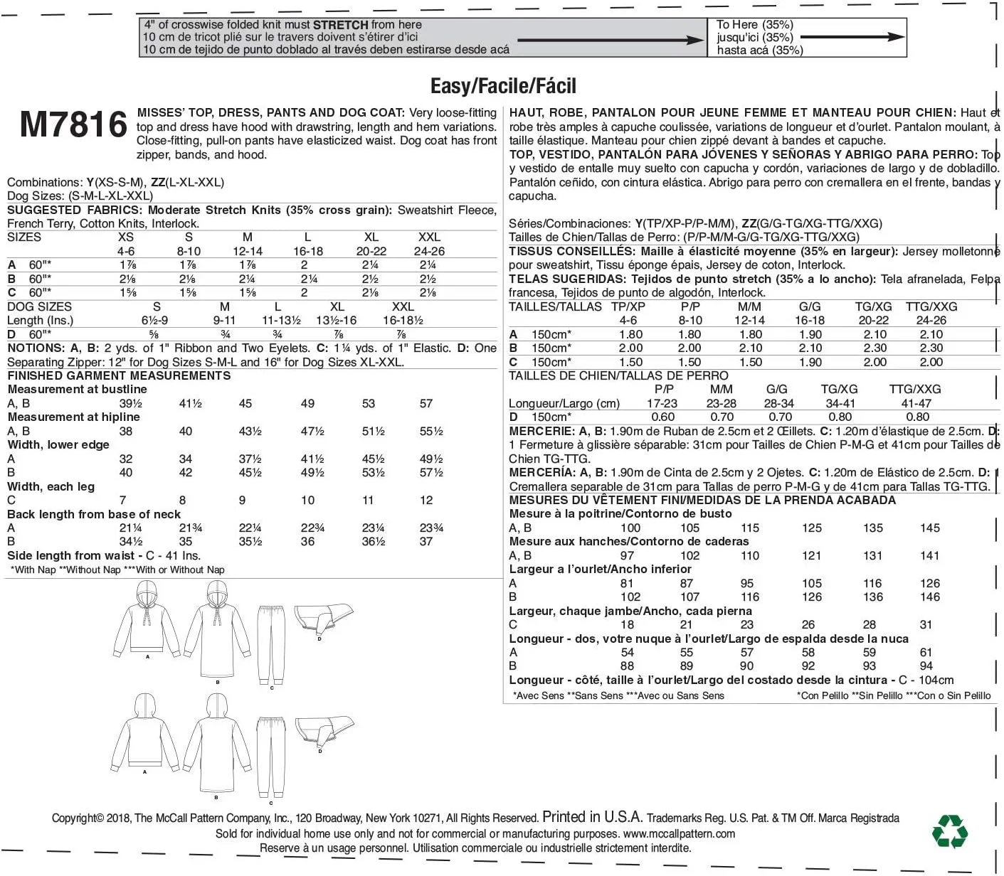 الگوهای مک کالز McCall's 7816 الگوهای خیاطی کت و هودی زنانه، شلوار و لباس، سایز سگ S-XXL، سایز زنانه L-XL، سفید