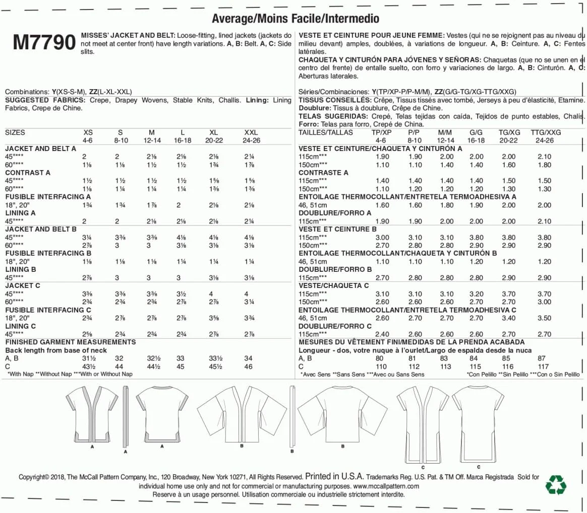 الگو خیاطی ژاکت و کمربند زنانه مک کالز، سایز خیلی کوچک/کوچک/متوسط، چند رنگ