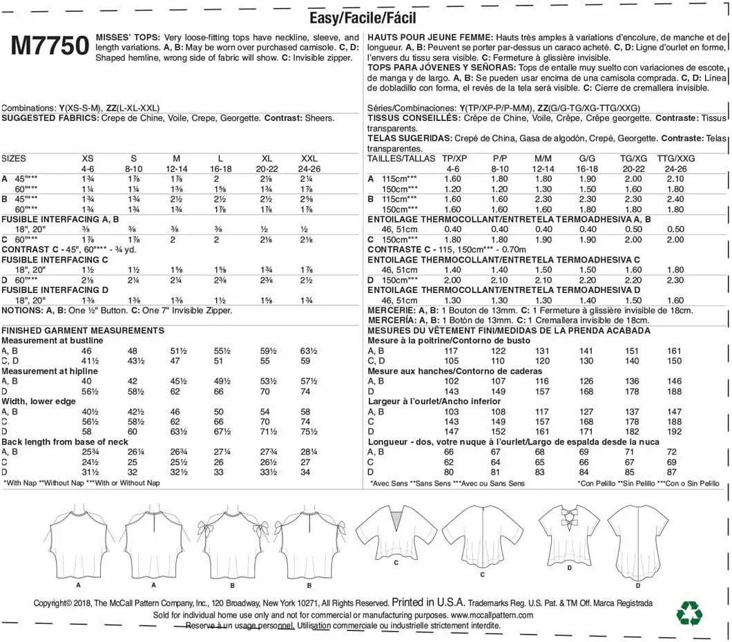 الگوهای خیاطی زنانه مک کال، مدل تاپ، سایز Y (خیلی کوچک-کوچک-متوسط)