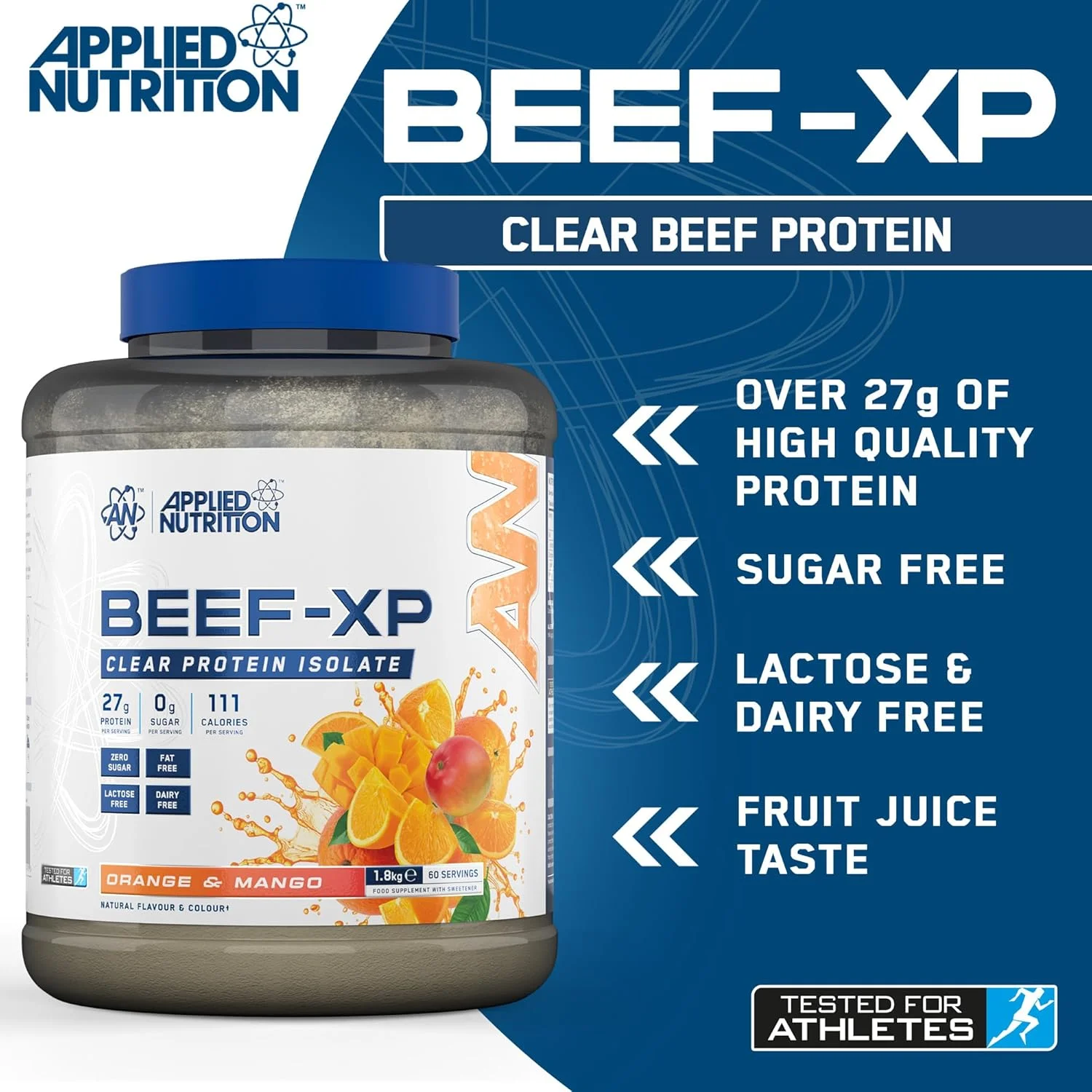 پروتئین ایزوله هیدرولیز شده گوشت گاو Applied Nutrition Beef XP - شفاف، به سبک آب میوه، بدون لبنیات، بدون لاکتوز، بدون قند، کم چرب (1.8 کیلوگرم، پرتقال و انبه)