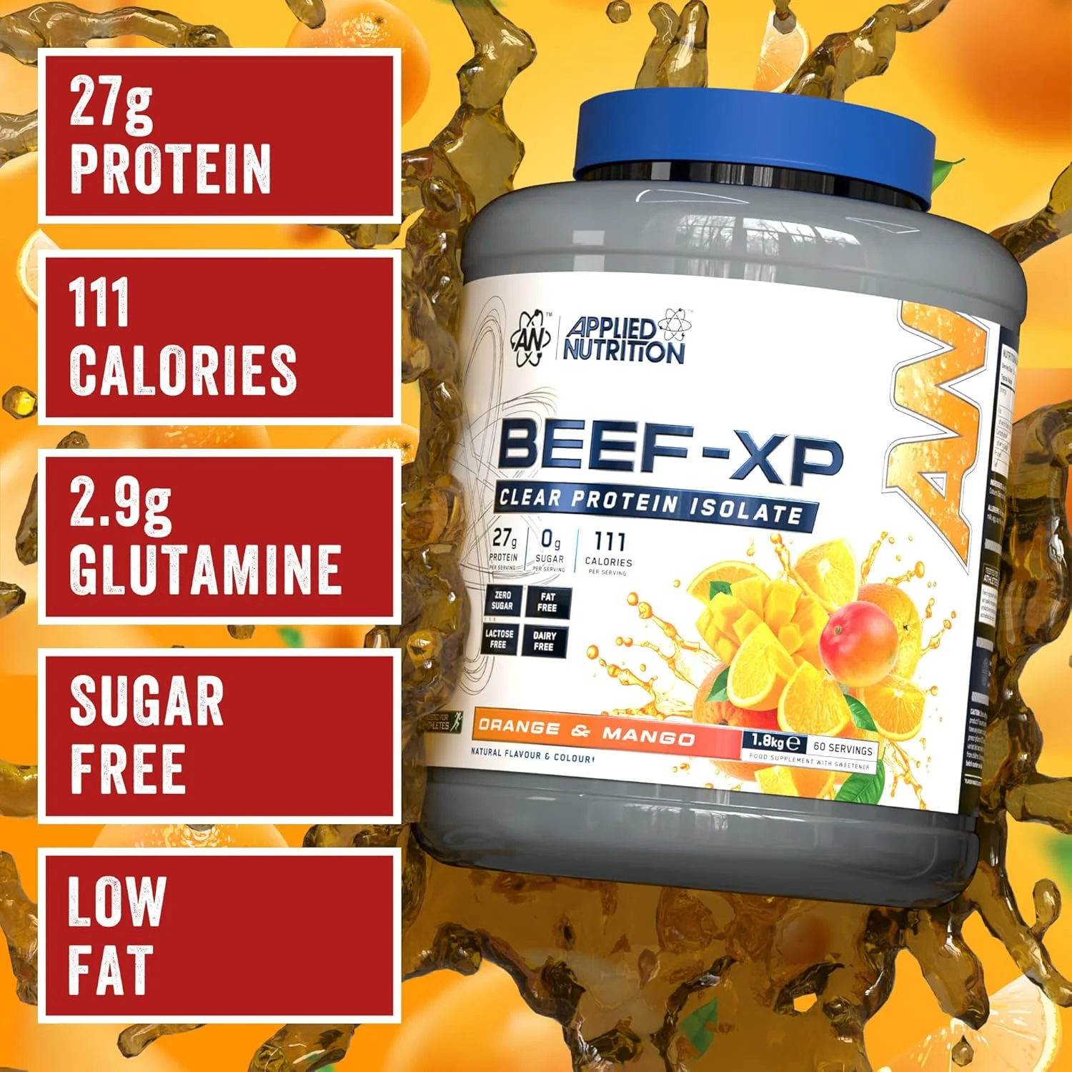 پروتئین ایزوله هیدرولیز شده گوشت گاو Applied Nutrition Beef XP - شفاف، به سبک آب میوه، بدون لبنیات، بدون لاکتوز، بدون قند، کم چرب (1.8 کیلوگرم، پرتقال و انبه)