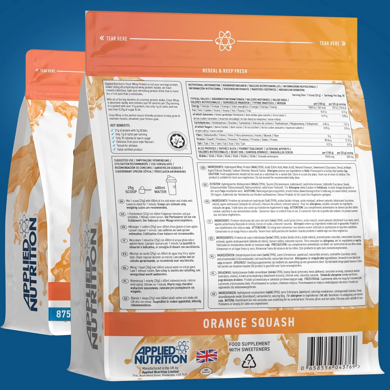 پروتئین وی ایزوله شفاف Applied Nutrition - پروتئین وی ایزوله، پودر پروتئین با طراوت بالا، طعم های سبک آب میوه (اسکواش پرتقال) (875 گرم - 35 سروینگ)
