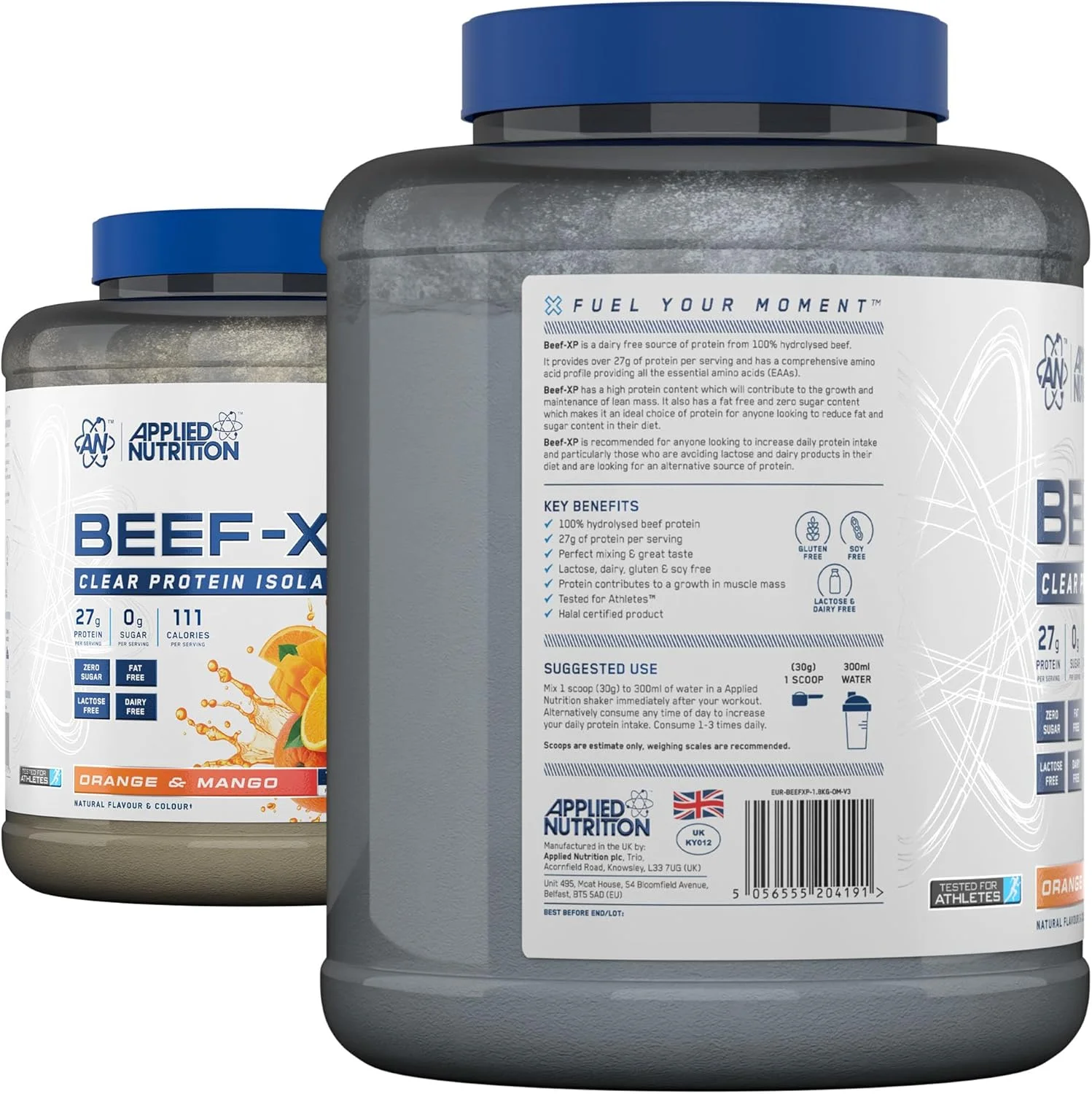 پروتئین ایزوله هیدرولیز شده گوشت گاو Applied Nutrition Beef XP - شفاف، به سبک آب میوه، بدون لبنیات، بدون لاکتوز، بدون قند، کم چرب (1.8 کیلوگرم، پرتقال و انبه)