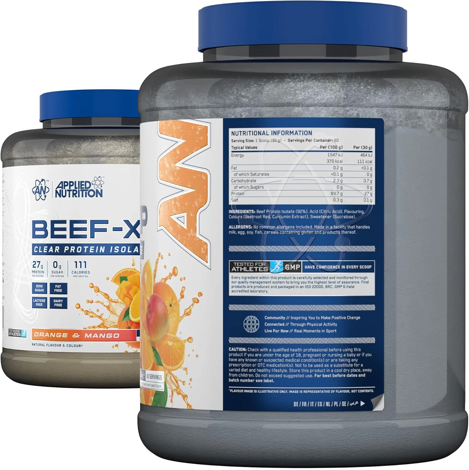 پروتئین ایزوله هیدرولیز شده گوشت گاو Applied Nutrition Beef XP - شفاف، به سبک آب میوه، بدون لبنیات، بدون لاکتوز، بدون قند، کم چرب (1.8 کیلوگرم، پرتقال و انبه)
