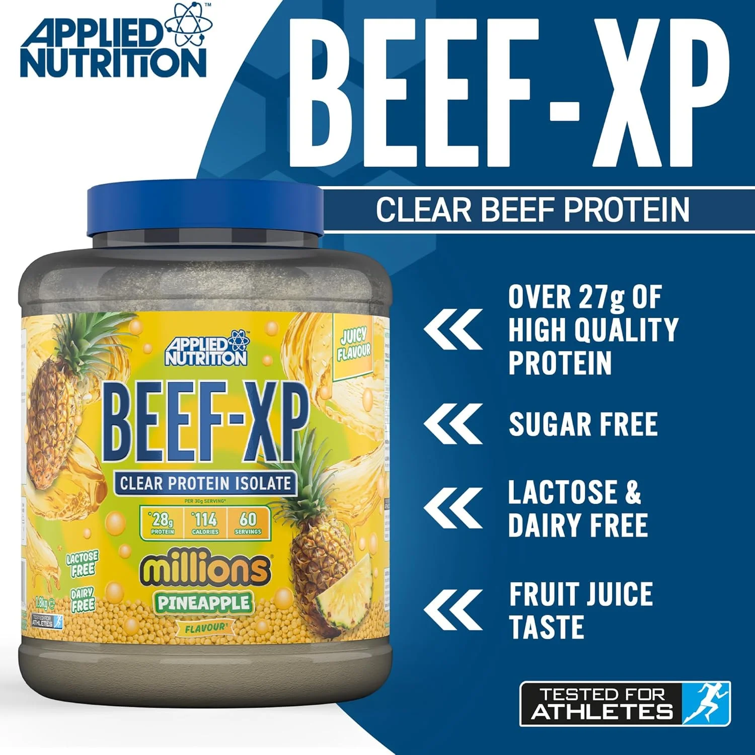پروتئین ایزوله گوشت گاو شفاف اپلاید نوتریشن BEEF-XP، 1.8 کیلوگرم (60 سروینگ) با طعم میلیونز آناناس پروتئین ایزوله گوشت گاو شفاف اپلاید نوتریشن BEEF-XP، 1.8 کیلوگرم (60 سروینگ) با طعم میلیونز آناناس