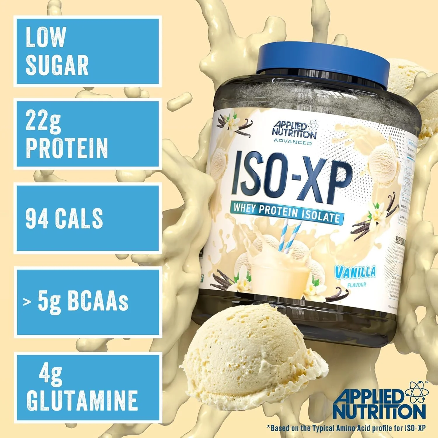 پودر پروتئین وی ایزوله ISO XP Applied Nutrition - پودر پروتئین وی ایزوله خالص ISO-XP، وی ایزوله پریمیوم با گلوتامین و BCAA (1.8 کیلوگرم - 72 سروینگ) (وانیلی، 1.8 کیلوگرم)