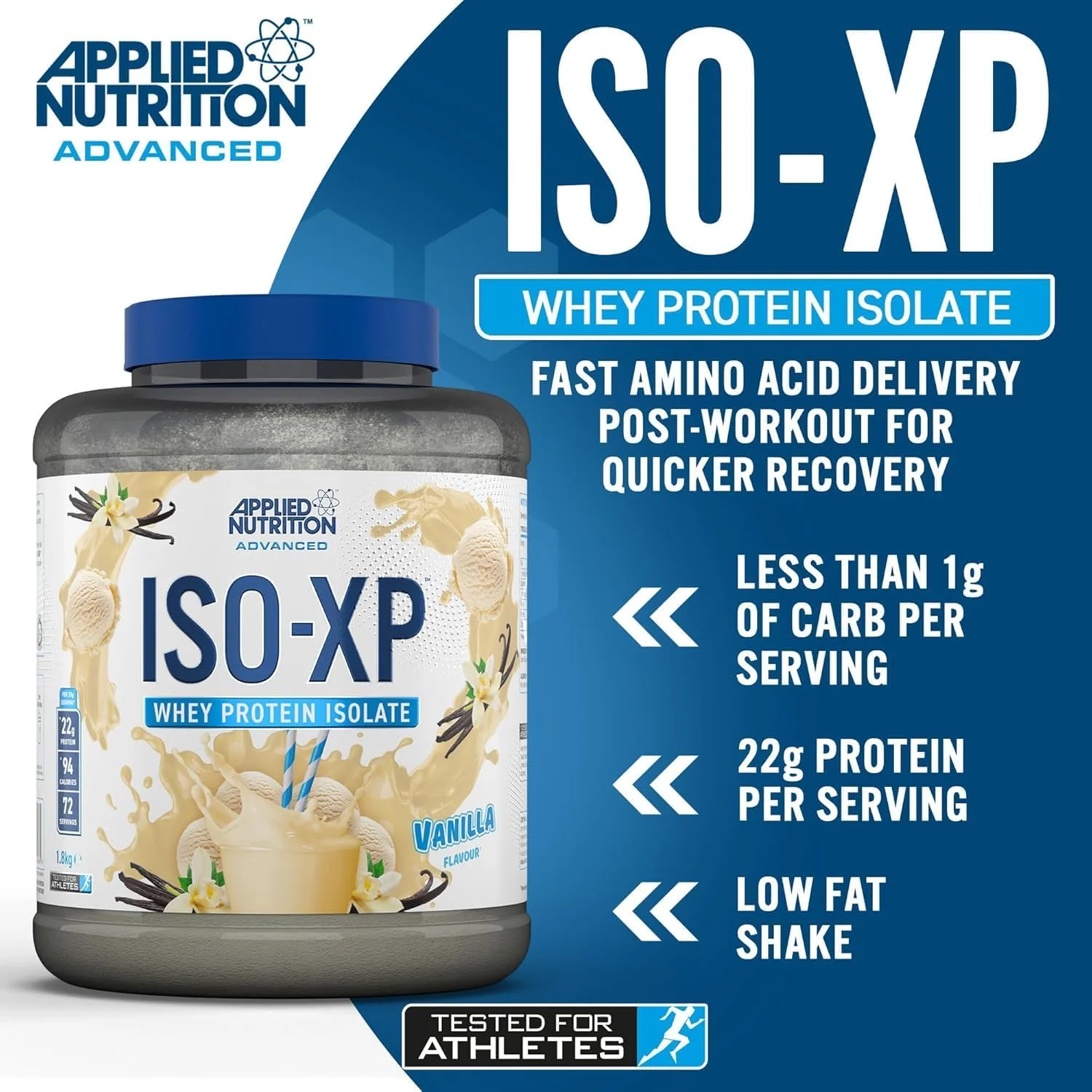 پودر پروتئین وی ایزوله ISO XP Applied Nutrition - پودر پروتئین وی ایزوله خالص ISO-XP، وی ایزوله پریمیوم با گلوتامین و BCAA (1.8 کیلوگرم - 72 سروینگ) (وانیلی، 1.8 کیلوگرم)