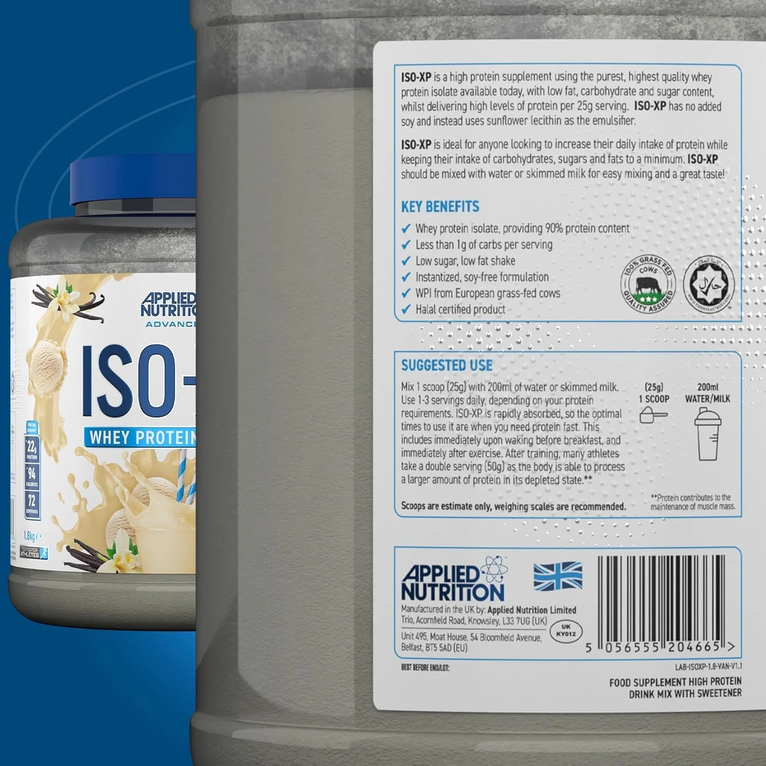 پودر پروتئین وی ایزوله ISO XP Applied Nutrition - پودر پروتئین وی ایزوله خالص ISO-XP، وی ایزوله پریمیوم با گلوتامین و BCAA (1.8 کیلوگرم - 72 سروینگ) (وانیلی، 1.8 کیلوگرم)