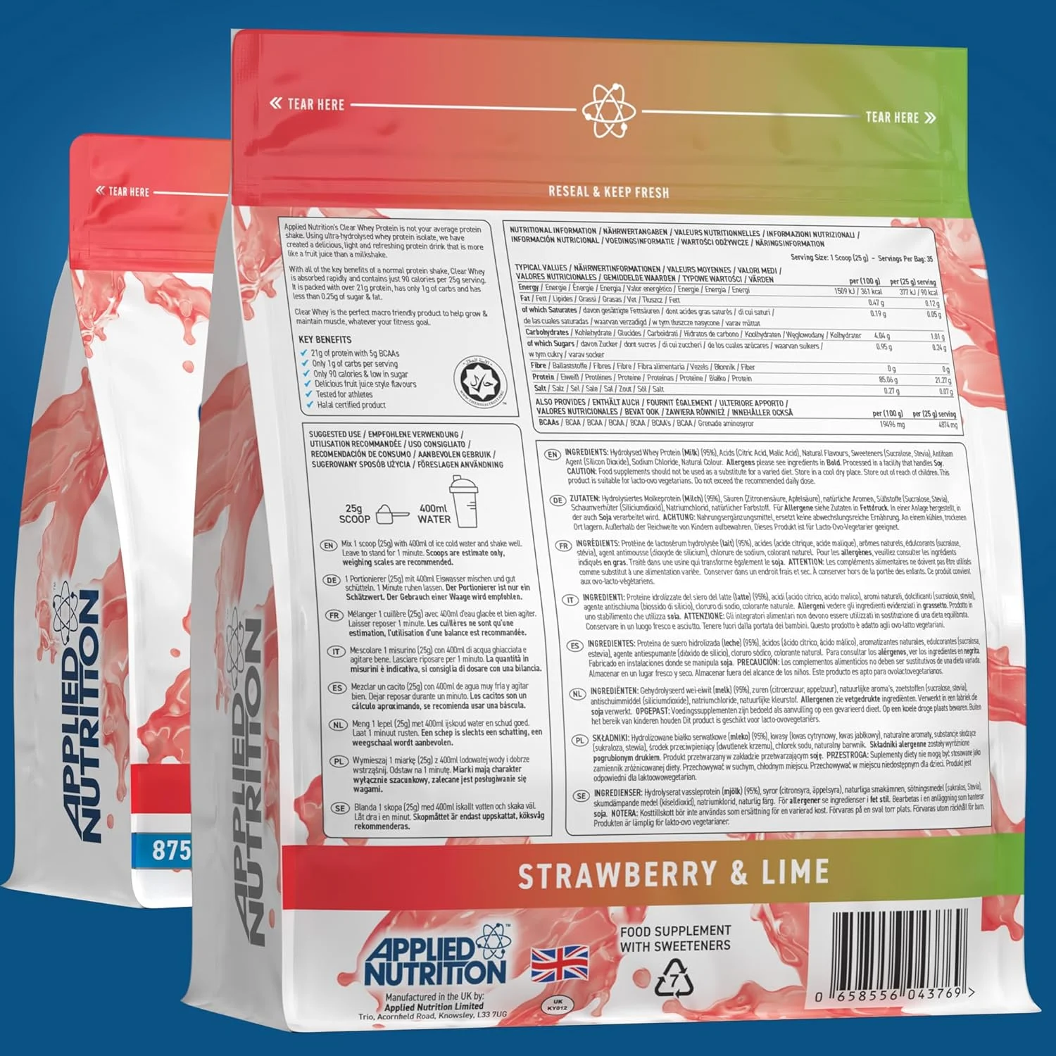 پروتئین وی ایزوله شفاف Applied Nutrition | 21 گرم پروتئین، 5 گرم BCAA | کم کربوهیدرات و کم شکر، پروتئین وی سازگار با گیاهخواران - توت فرنگی و لیمو - 875 گرم