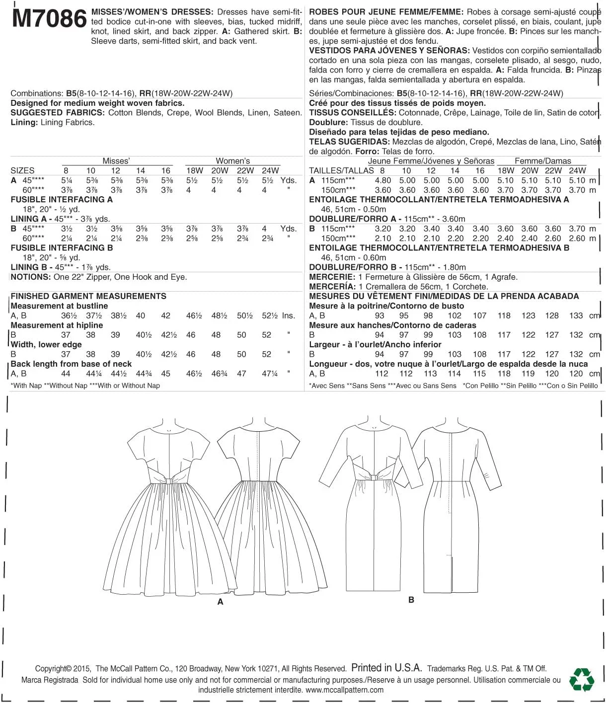 الگوهای خیاطی مک کالز MC7086 RR، لباس زنانه/دخترانه، سایزهای 18W-20W-22W-24W