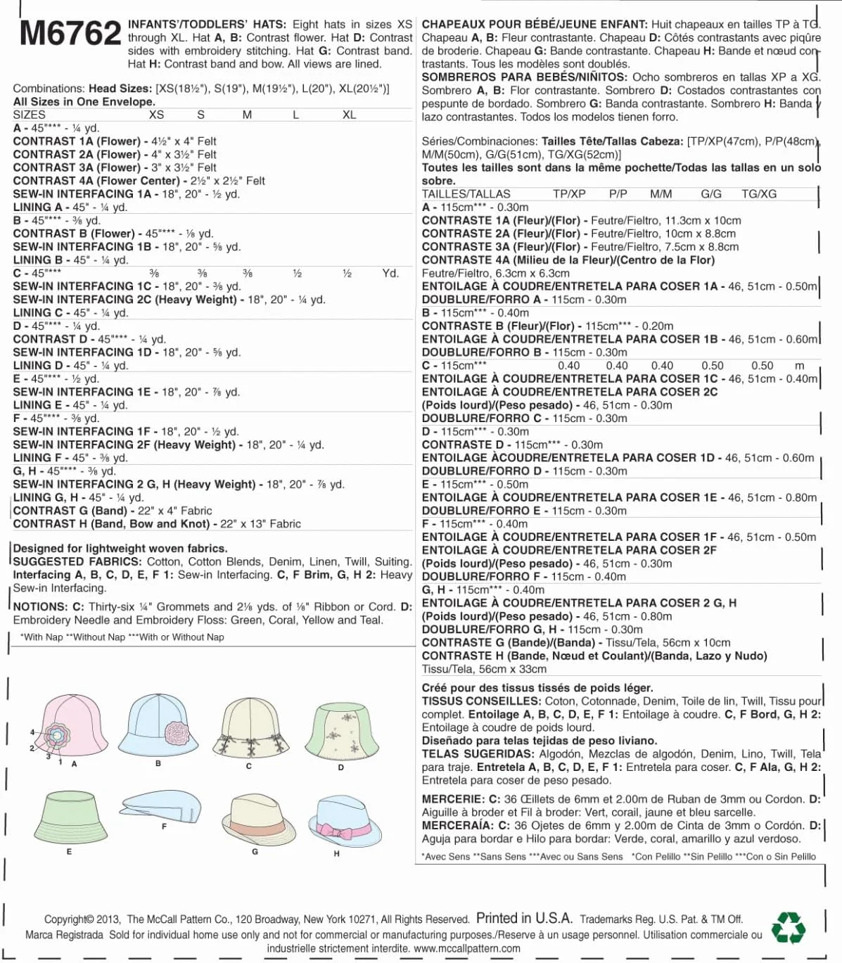 الگوهای خیاطی مک کال M6762 سایز One Size Only برای نوزادان کوچک - کلاه های کودکان نوپا، بسته 1 عددی، سفید