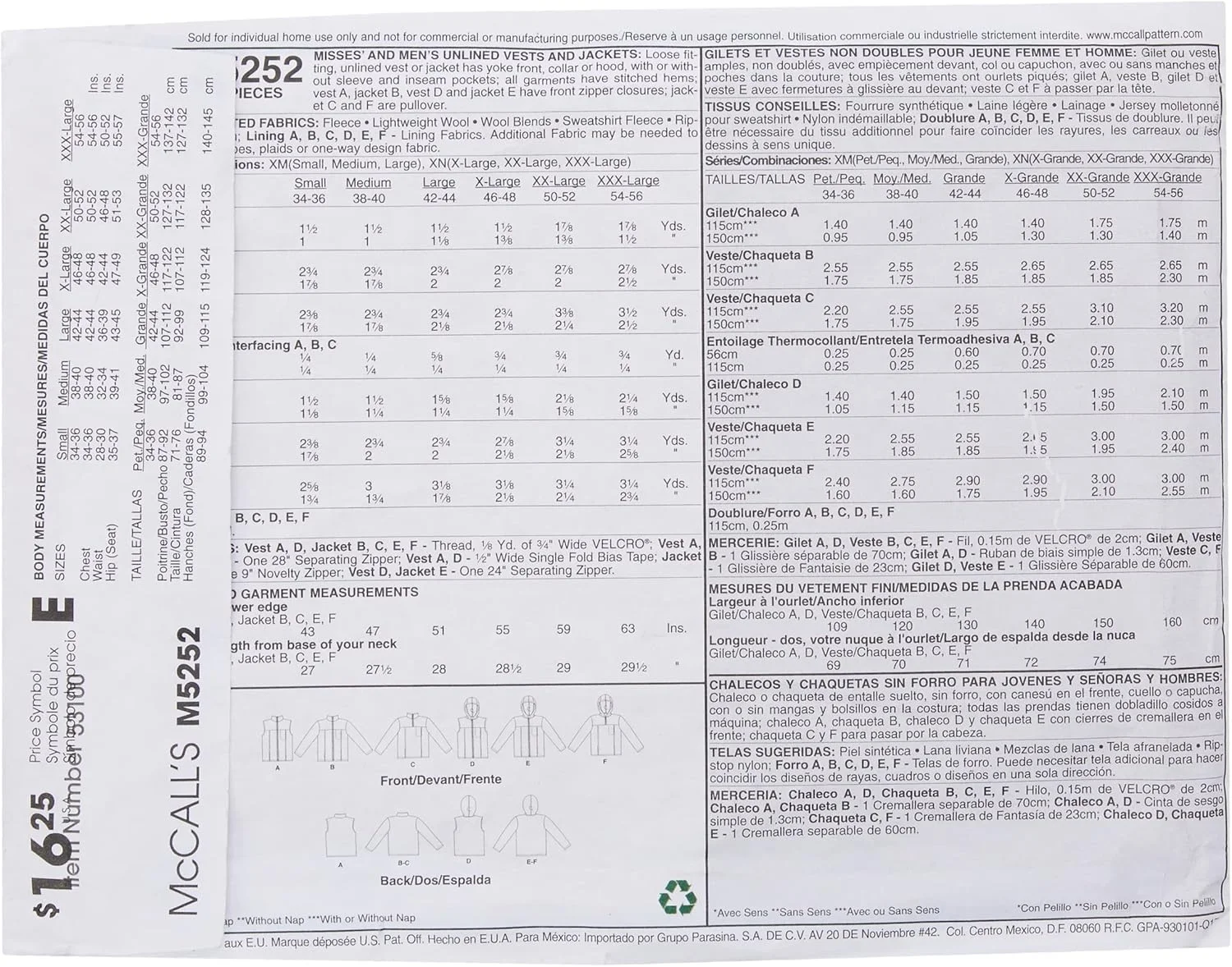 الگوهای خیاطی مک کال M5252 سایز XN خیلی بزرگ - XXL - XXXL مخصوص بانوان/آقایان، جلیقه و ژاکت های بدون آستر، بسته 1 عددی، سفید