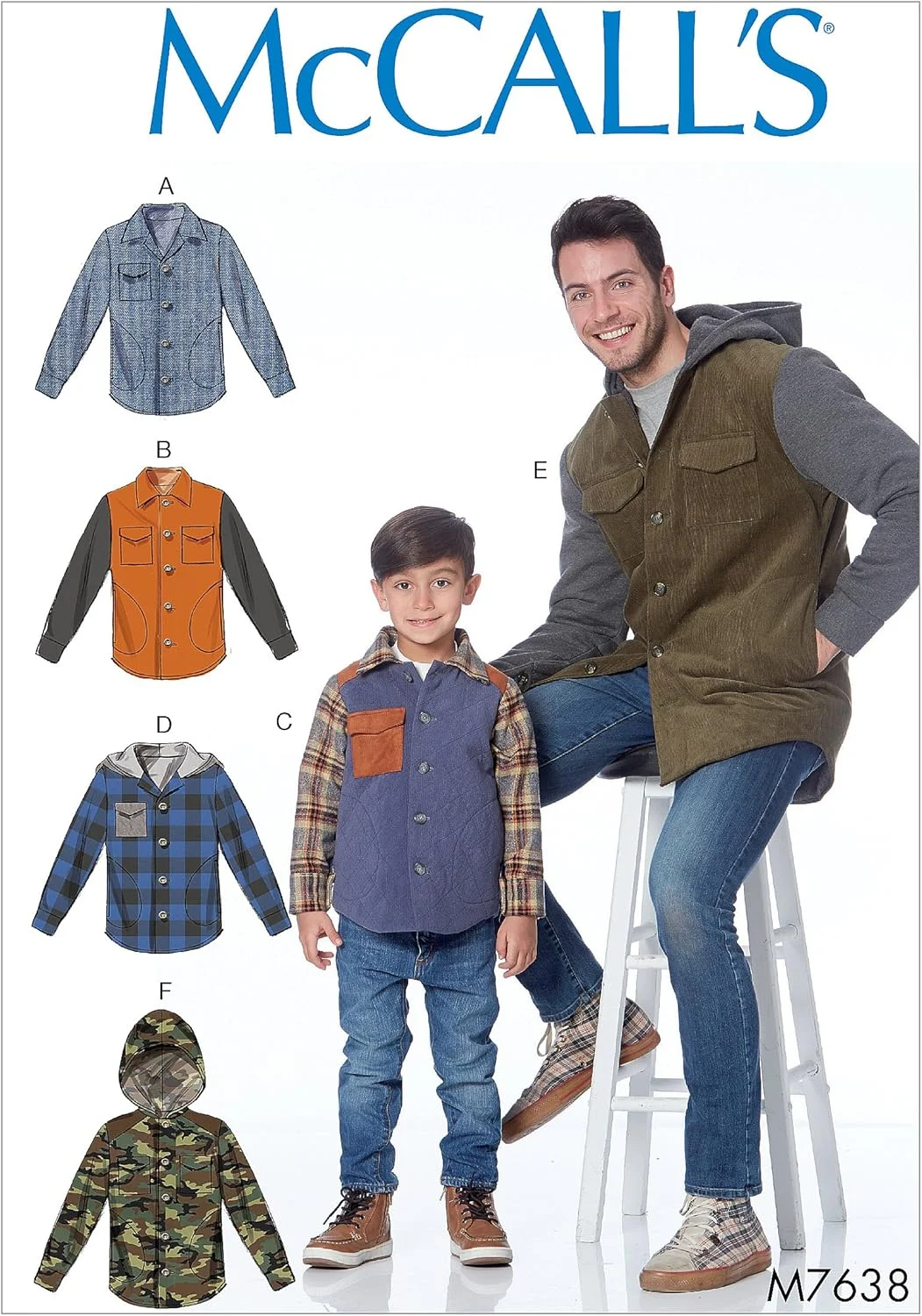 الگوهای مک کالز 7638، ژاکت های مردانه و پسرانه، سایزهای S-XL، کاغذی، چند رنگ، کوچک/خیلی بزرگ