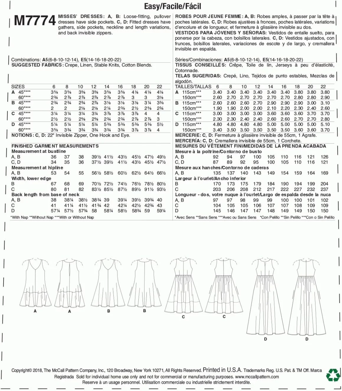 الگوهای خیاطی لباس زنانه McCall's، چند رنگ