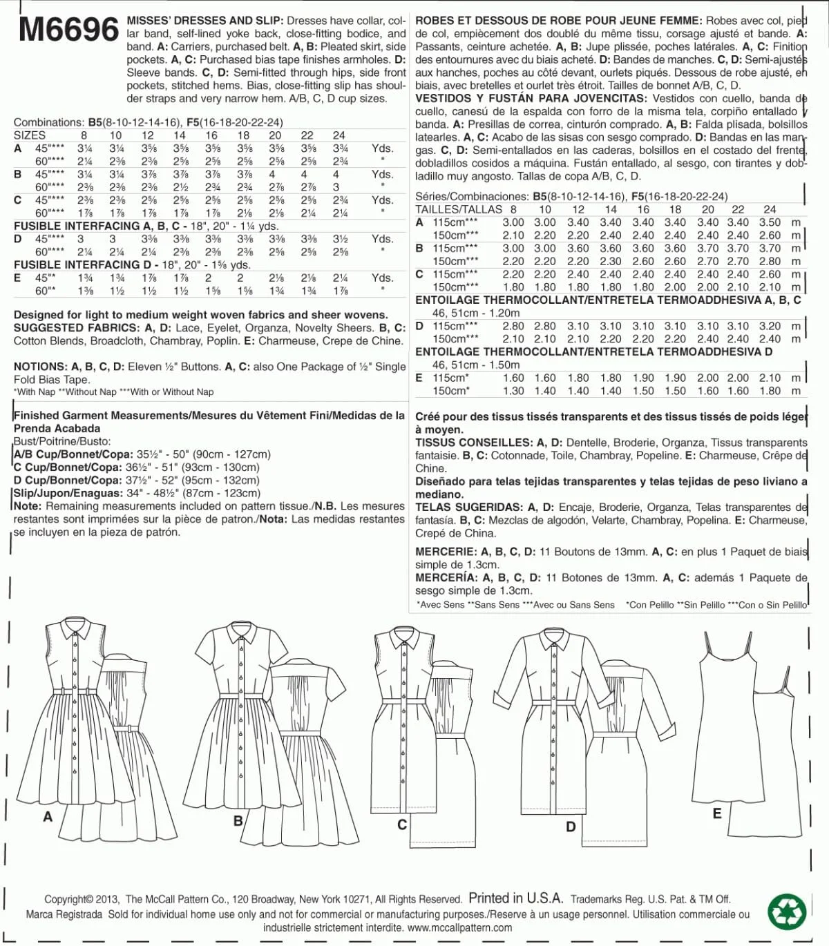 الگوهای خیاطی مک کال M6696، الگوی دوخت لباس و زیرپوش زنانه، سایز B5 (8-10-12-14-16)