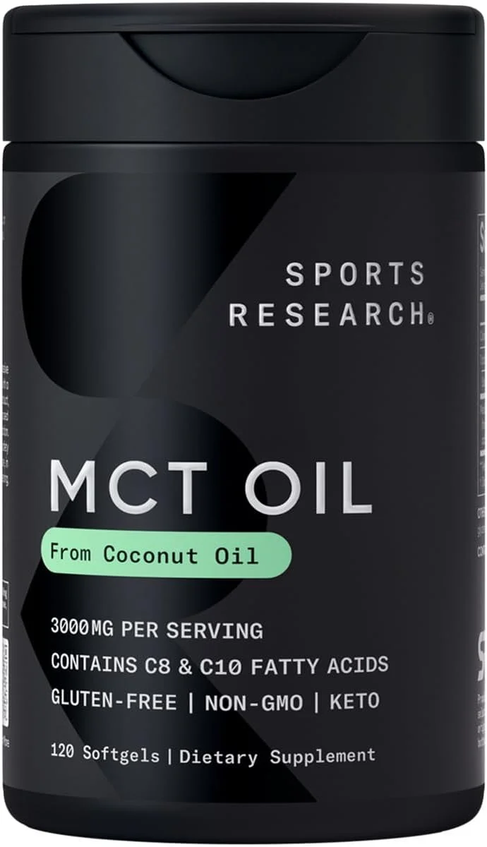 کپسول روغن MCT کتو Sports Research مشتق شده از روغن نارگیل | سوخت کتو برای مغز و بدن | مشتق شده از نارگیل های غیر GMO (120 سافت ژل)