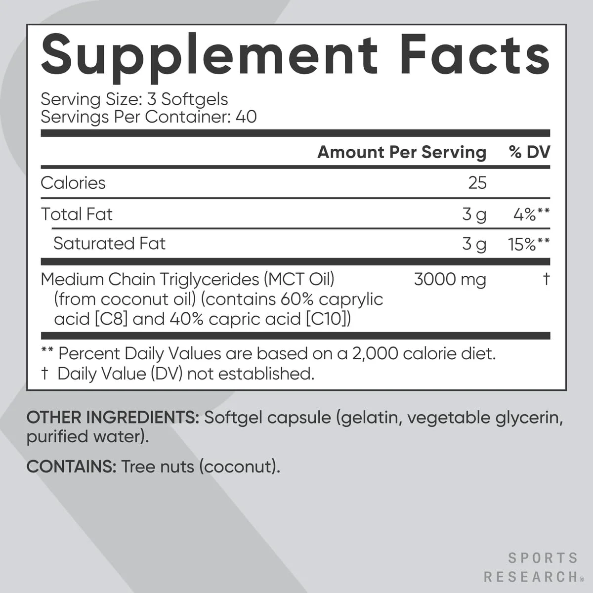 کپسول روغن MCT کتو Sports Research مشتق شده از روغن نارگیل | سوخت کتو برای مغز و بدن | مشتق شده از نارگیل های غیر GMO (120 سافت ژل)