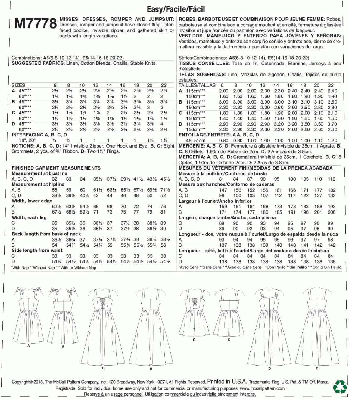 الگوهای خیاطی McCall's برای لباس زنانه، رامپر و جامپسوت، E5 (14-16-18-20-22)، چند رنگ