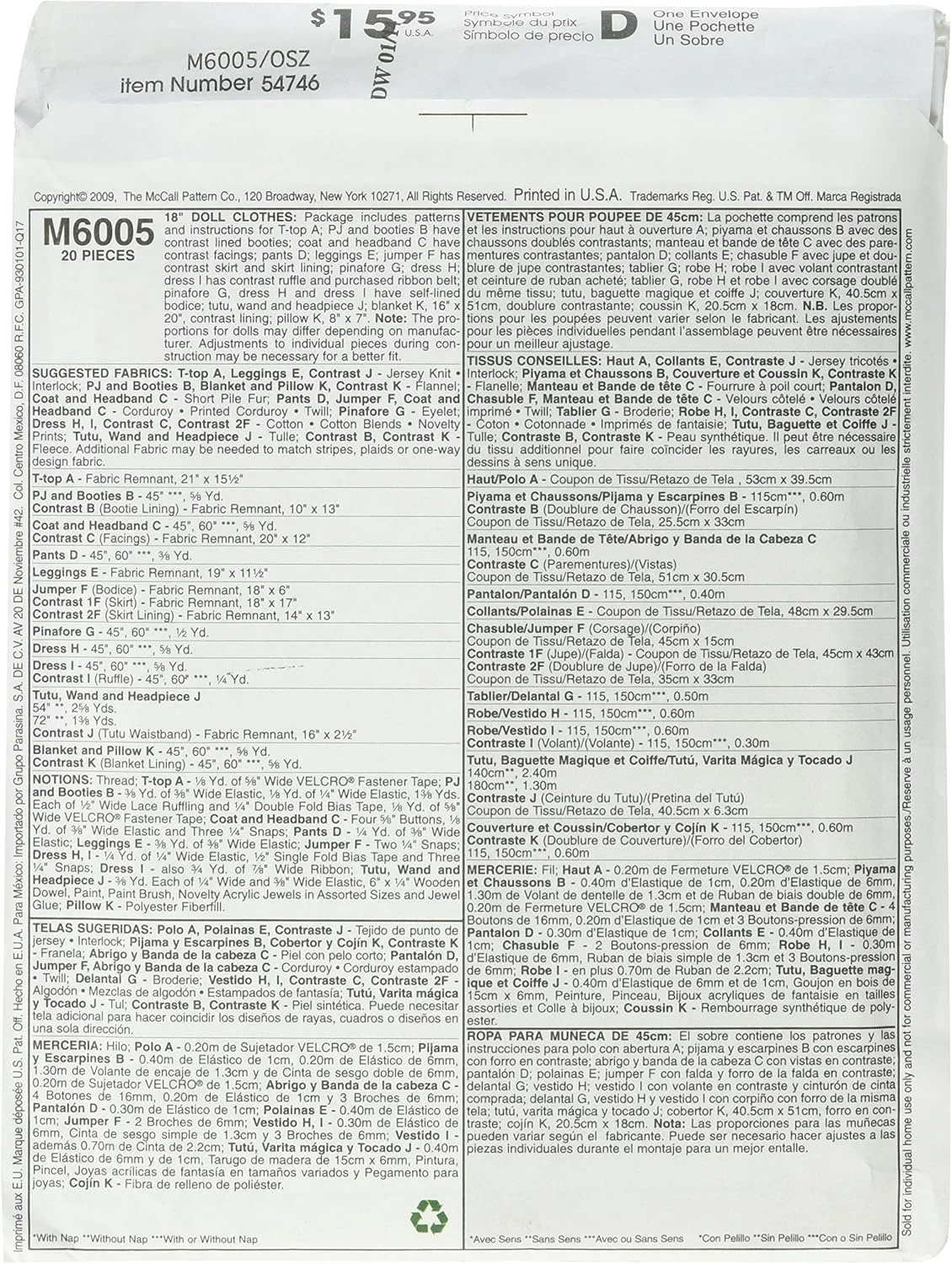 الگوهای خیاطی مک کال M6005 لباس و لوازم جانبی برای عروسک 18 اینچی، فقط یک سایز