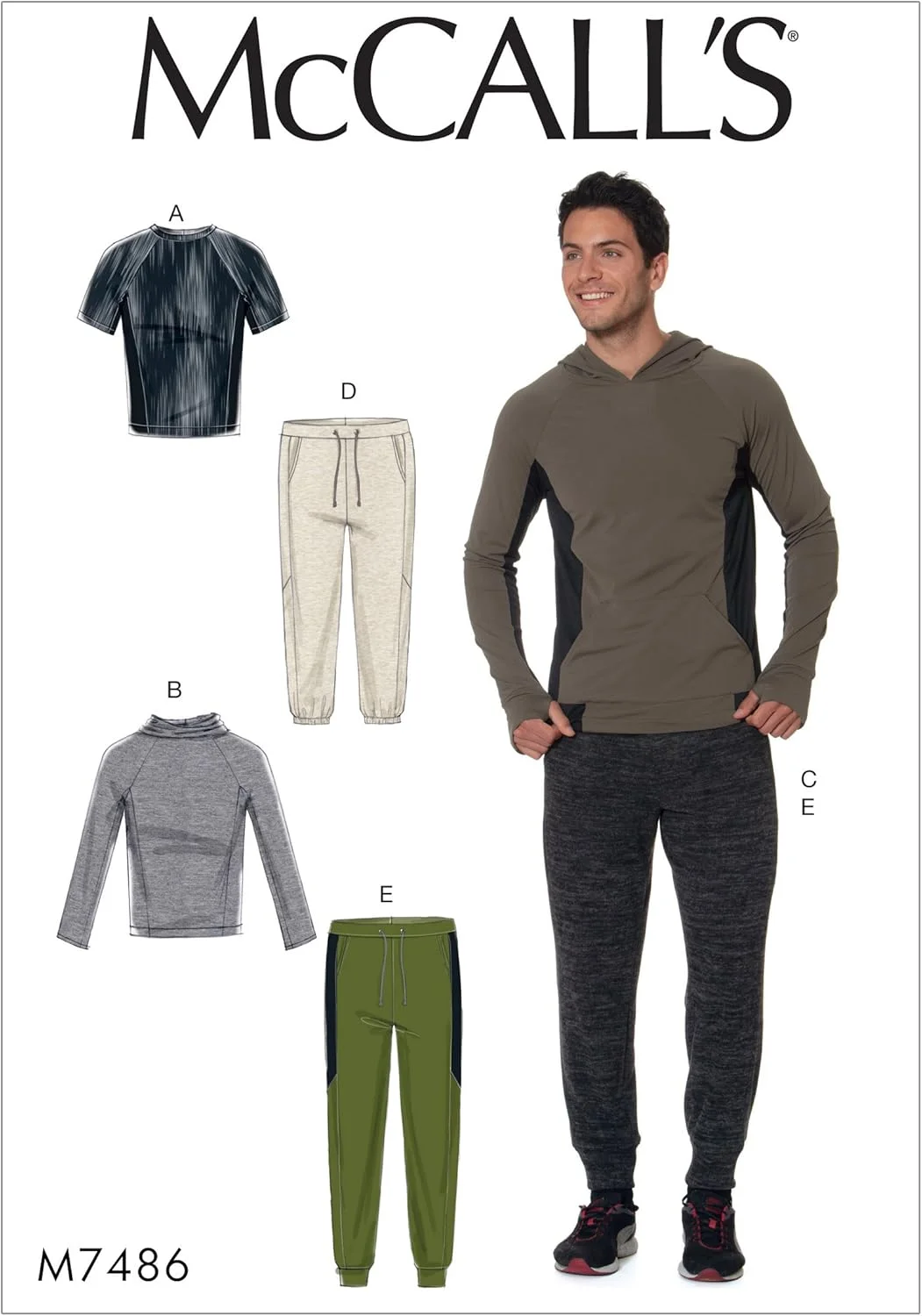 الگوهای خیاطی مک کال M7486 XM، الگوی دوخت تاپ های آستین رگلان مردانه و شلوار بند دار، سایز SML-MED-LRG