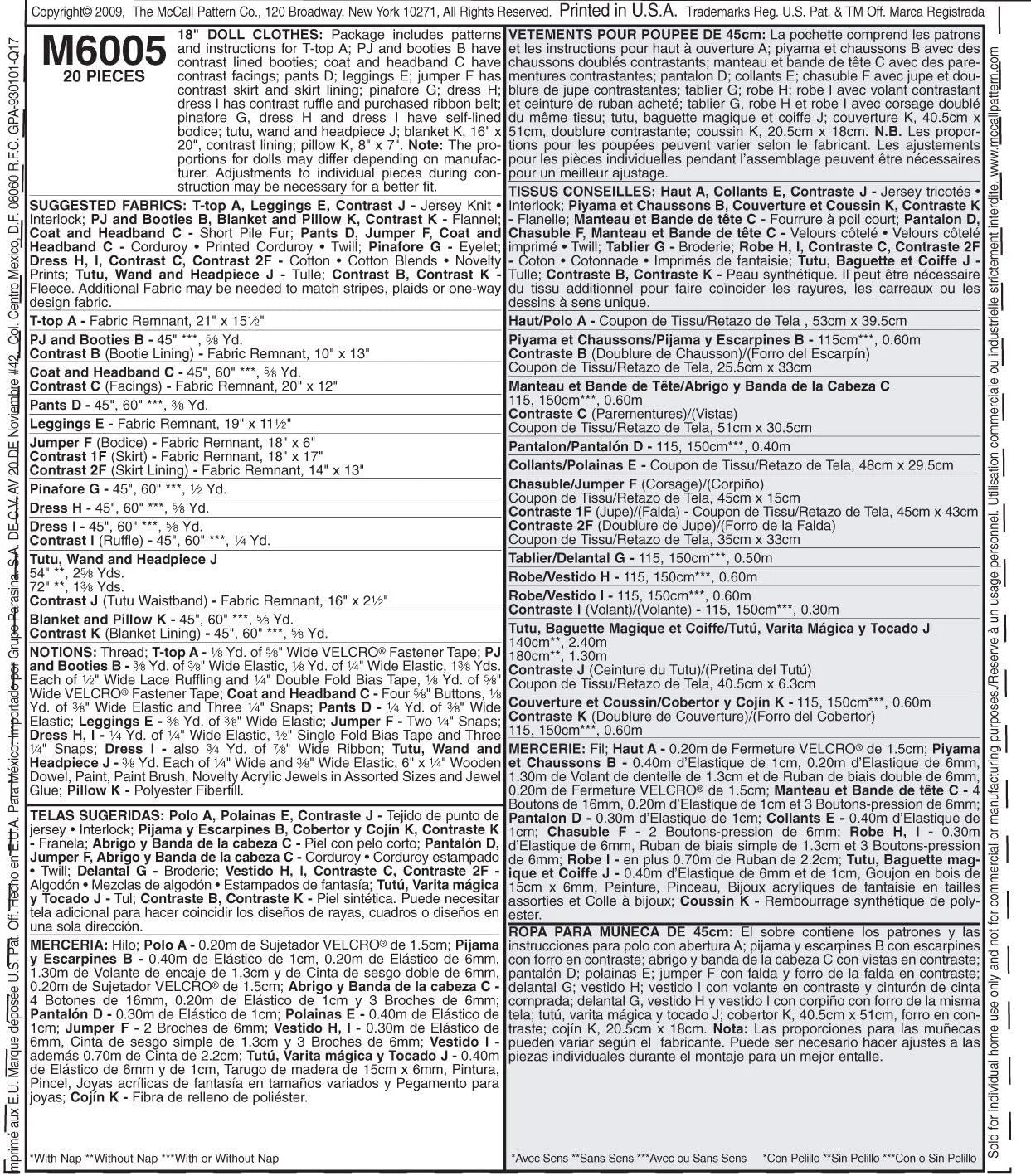 الگوهای خیاطی مک کال M6005 لباس و لوازم جانبی برای عروسک 18 اینچی، فقط یک سایز