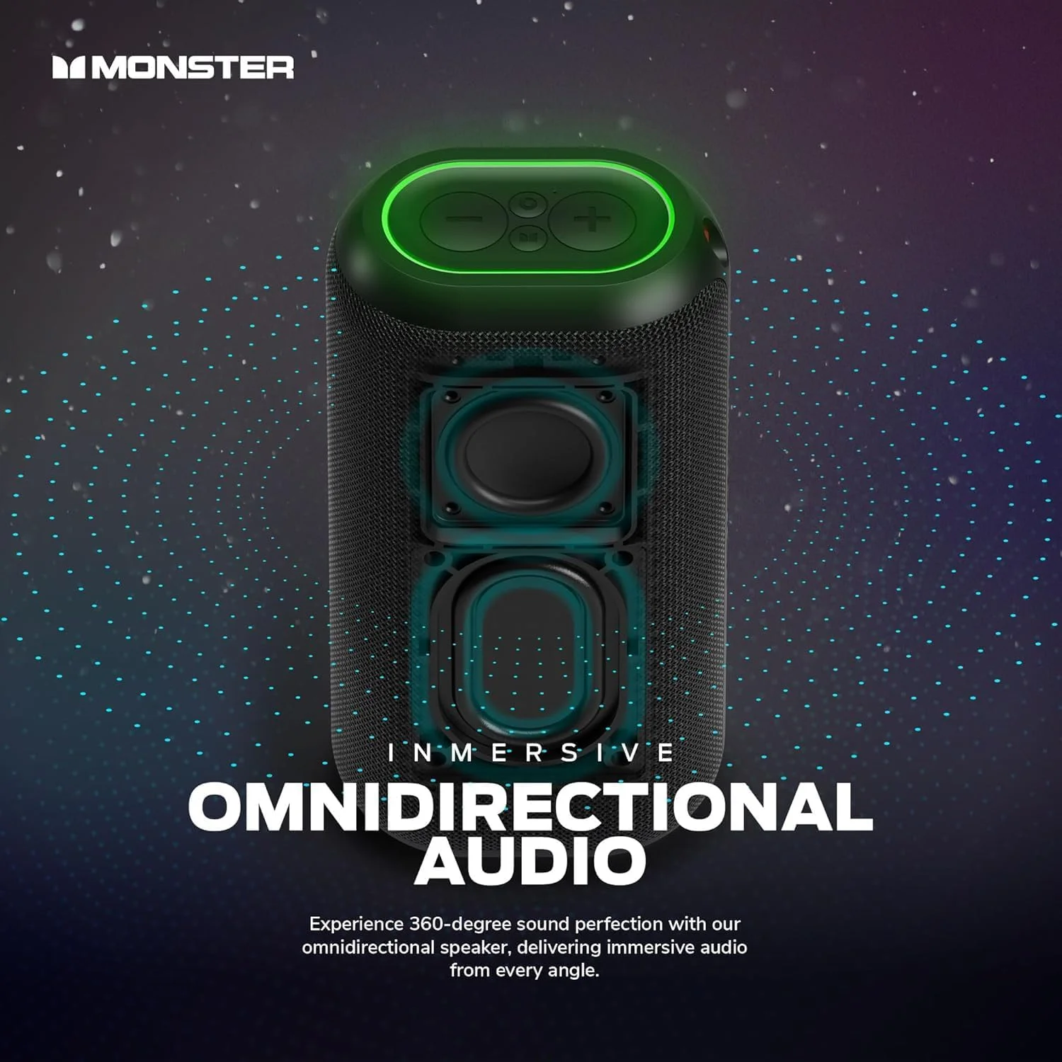 اسپیکر بلوتوثی قابل حمل Monster DNA Max، اسپیکر قابل حمل قدرتمند با صدای باس 360 درجه و پد شارژ بی سیم 10 واتی Qi، ضد آب IP67 - مناسب برای سفر، استفاده در فضای داخلی و خارجی اسپیکر بلوتوثی قابل حمل Monster DNA Max، اسپیکر قابل حمل قدرتمند با صدای باس 360 درجه و پد شارژ بی سیم 10 واتی Qi، ضد آب IP67 - مناسب برای سفر، استفاده در فضای داخلی و خارجی