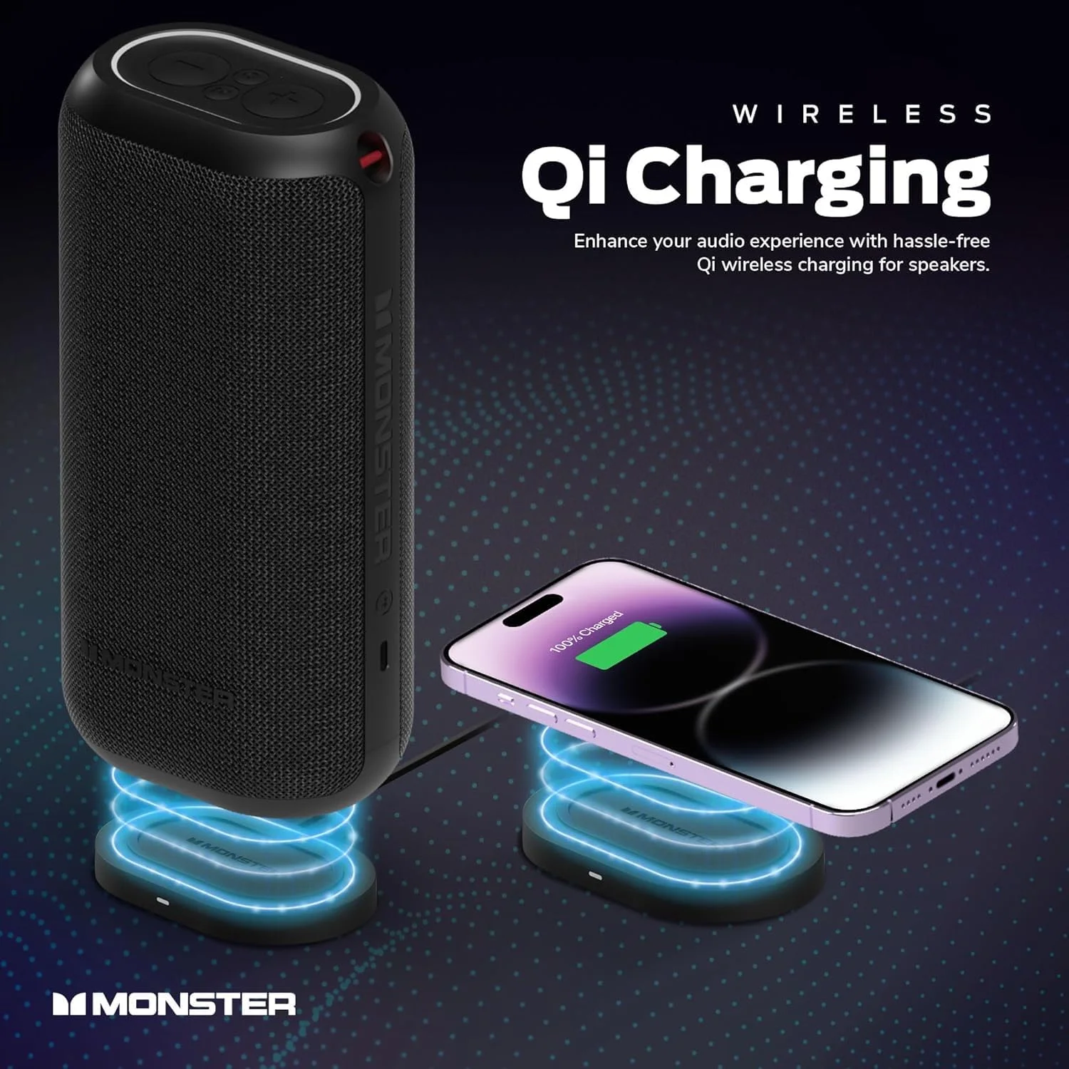 اسپیکر بلوتوثی قابل حمل Monster DNA Max، اسپیکر قابل حمل قدرتمند با صدای باس 360 درجه و پد شارژ بی سیم 10 واتی Qi، ضد آب IP67 - مناسب برای سفر، استفاده در فضای داخلی و خارجی اسپیکر بلوتوثی قابل حمل Monster DNA Max، اسپیکر قابل حمل قدرتمند با صدای باس 360 درجه و پد شارژ بی سیم 10 واتی Qi، ضد آب IP67 - مناسب برای سفر، استفاده در فضای داخلی و خارجی
