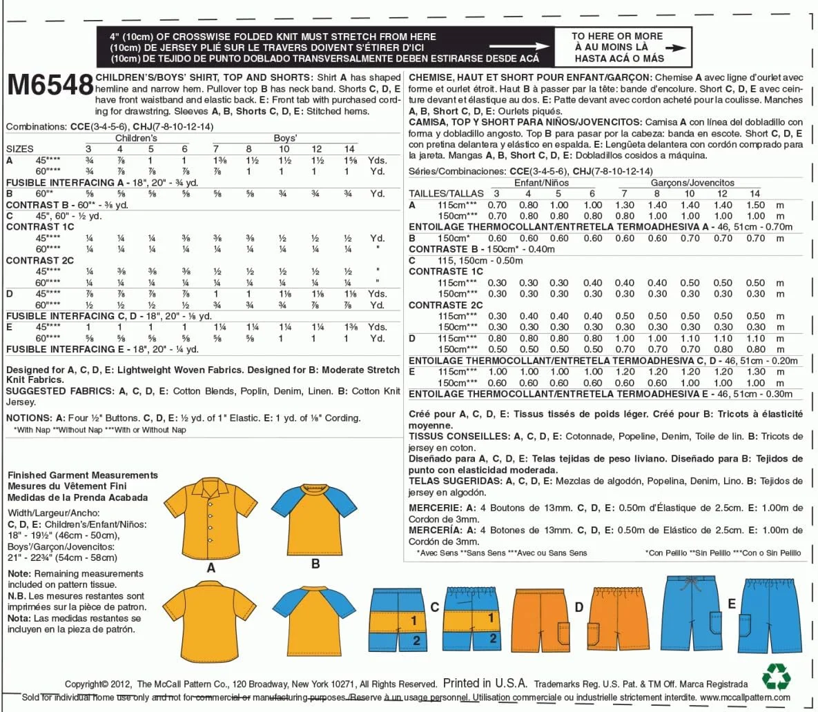 الگوهای خیاطی مک کال M6548 پیراهن، تاپ و شورت پسرانه/بچگانه، سایز CHJ (7-8-10-12-14) الگوهای خیاطی مک کال M6548 پیراهن، تاپ و شورت پسرانه/بچگانه، سایز CHJ (7-8-10-12-14)