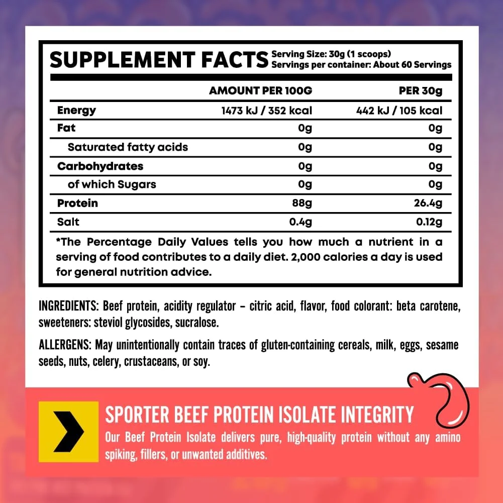 پروتئین ایزوله گوشت گاو Sporter - پروتئین بالا، کربوهیدرات کم - جایگزین پروتئین وی و وگان - برای رشد و ریکاوری عضلات (1.8 کیلوگرم - 60 سروینگ، میوه های گرمسیری)