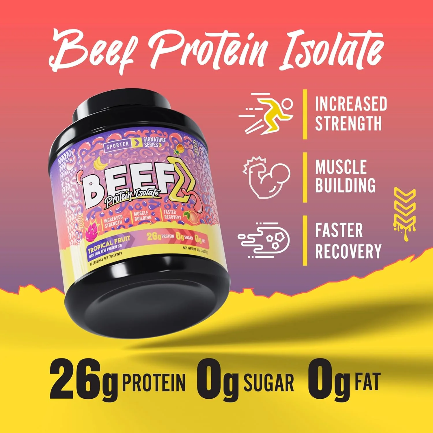 پروتئین ایزوله گوشت گاو Sporter - پروتئین بالا، کربوهیدرات کم - جایگزین پروتئین وی و وگان - برای رشد و ریکاوری عضلات (1.8 کیلوگرم - 60 سروینگ، میوه های گرمسیری)